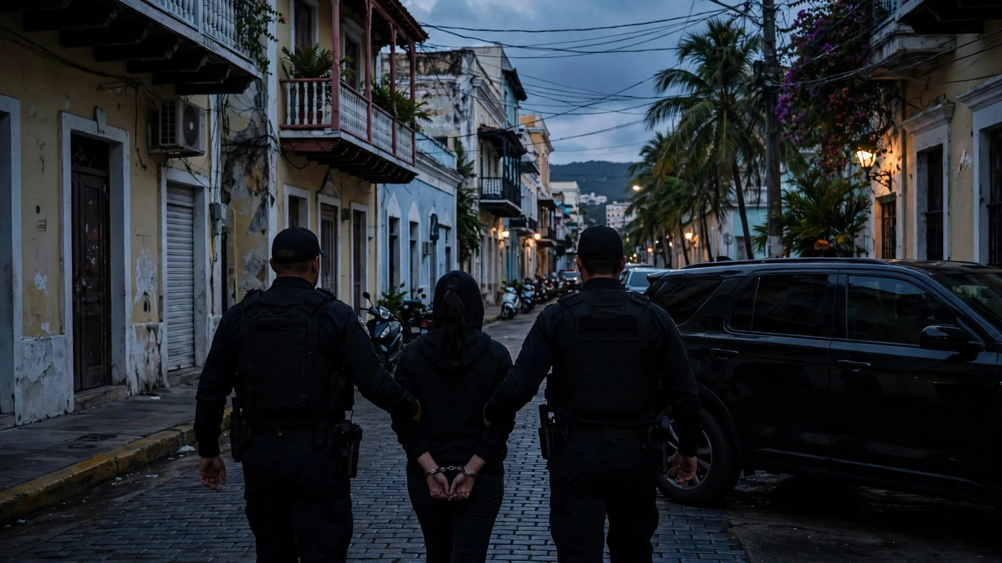Dos agentes conducen a una mujer esposada, de espaldas, por una calle adoquinada del Caribe al anochecer hacia un vehiculo oscuro
