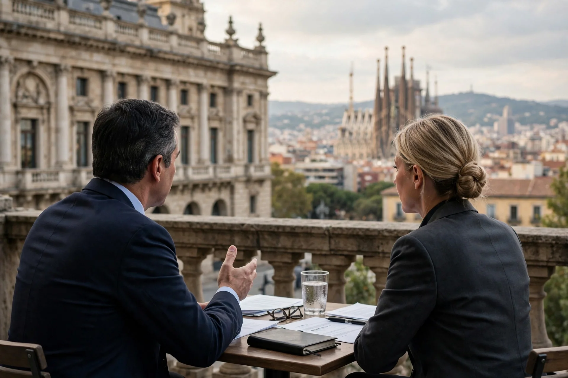 Dos políticos conversando en una mesa con Barcelona al fondo.