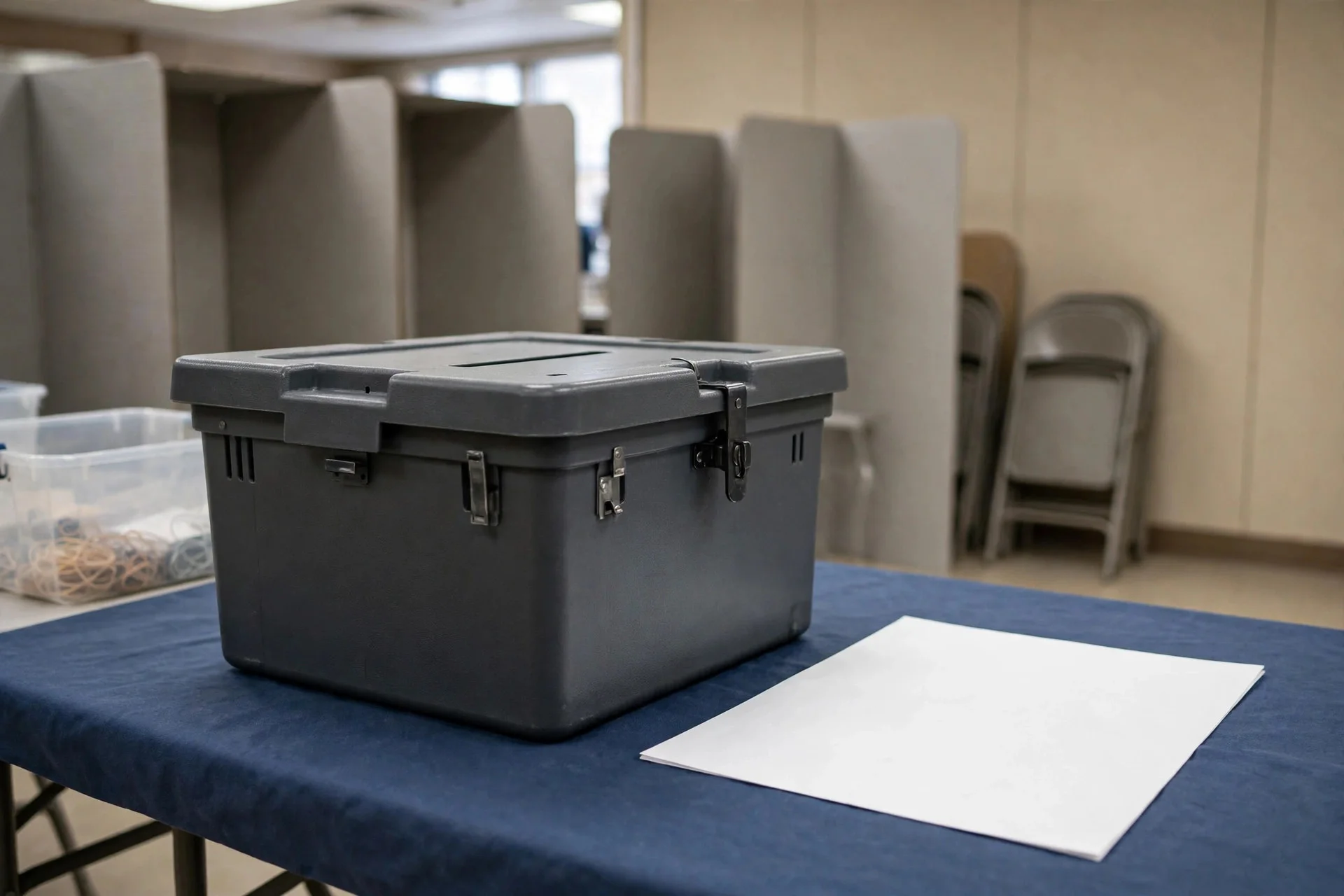 Una urna electoral gris cerrada sobre una mesa con una hoja en blanco, frente a cabinas de votación vacías
