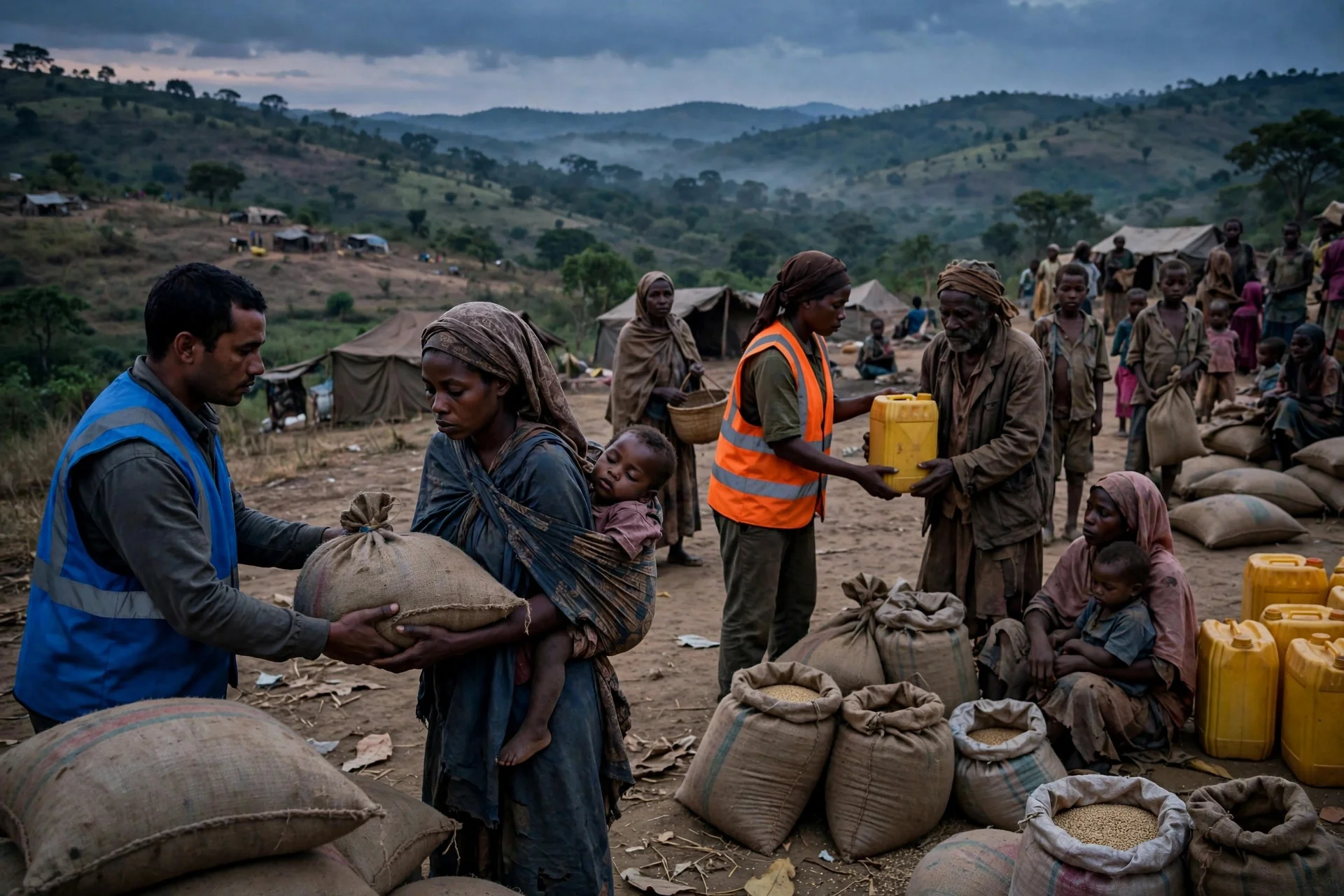 Trabajadores humanitarios entregan sacos de grano y bidones a familias desplazadas en un campamento del este del Congo, con tiendas y colinas al fondo
