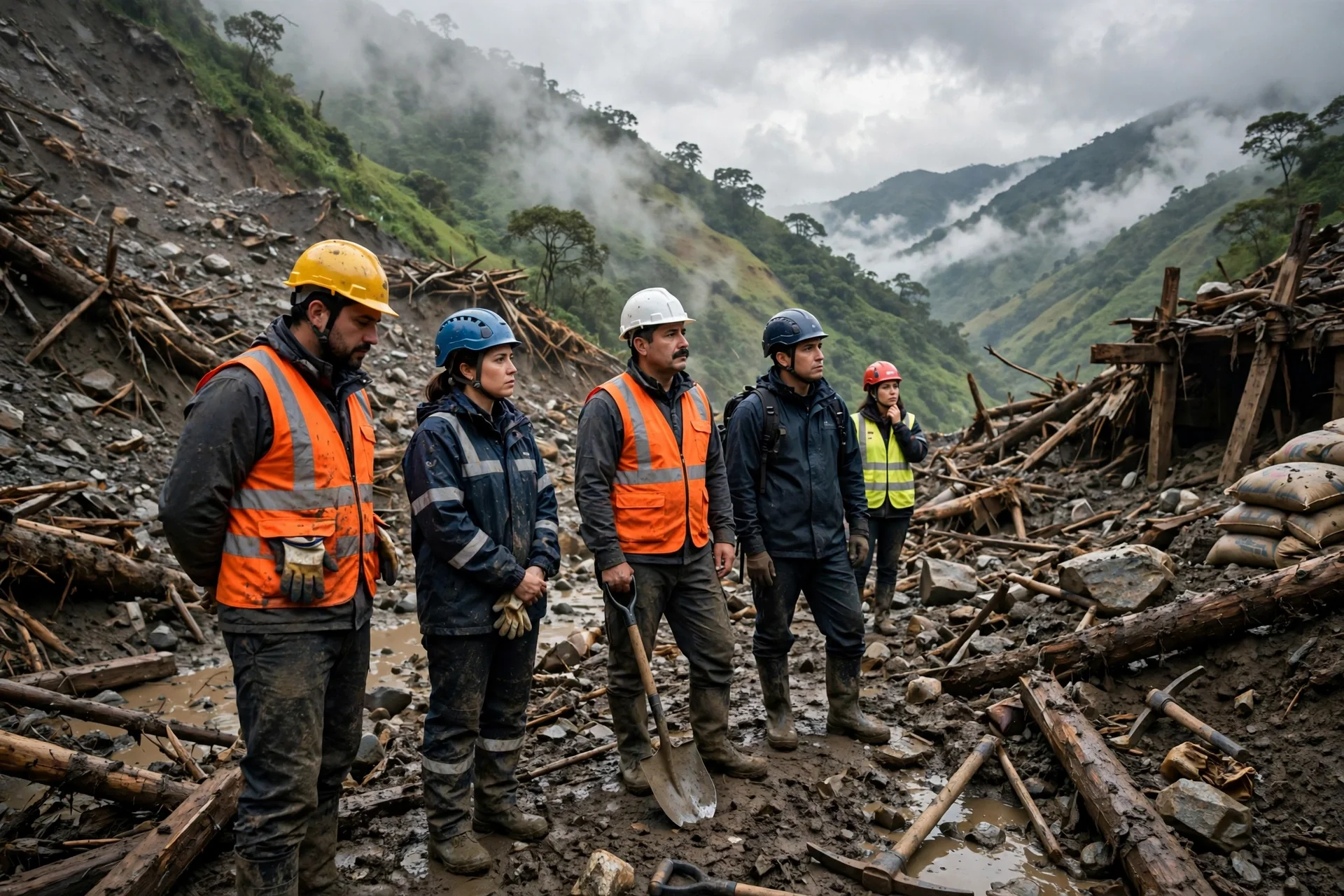 Equipos de rescate en una mina artesanal rural entre montañas verdes de Nariño tras un deslizamiento