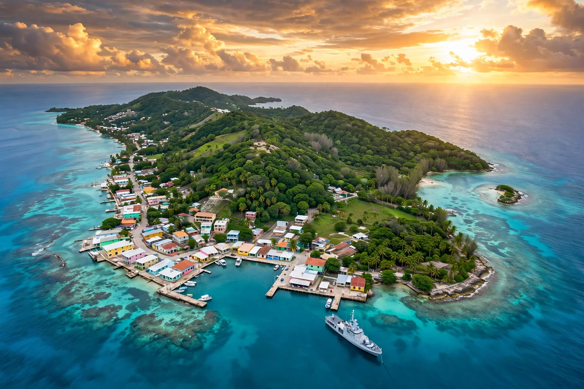 Vista aérea de una isla caribeña de casas de colores junto a un pequeño puerto, con un buque patrullero blanco fondeado en aguas turquesas al amanecer.