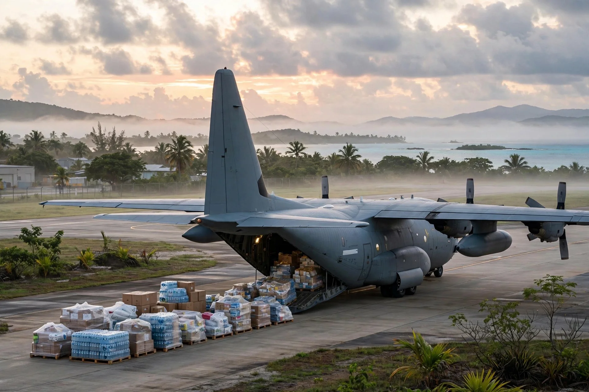 Avión de transporte militar en una pista caribeña al amanecer junto a palés de suministros