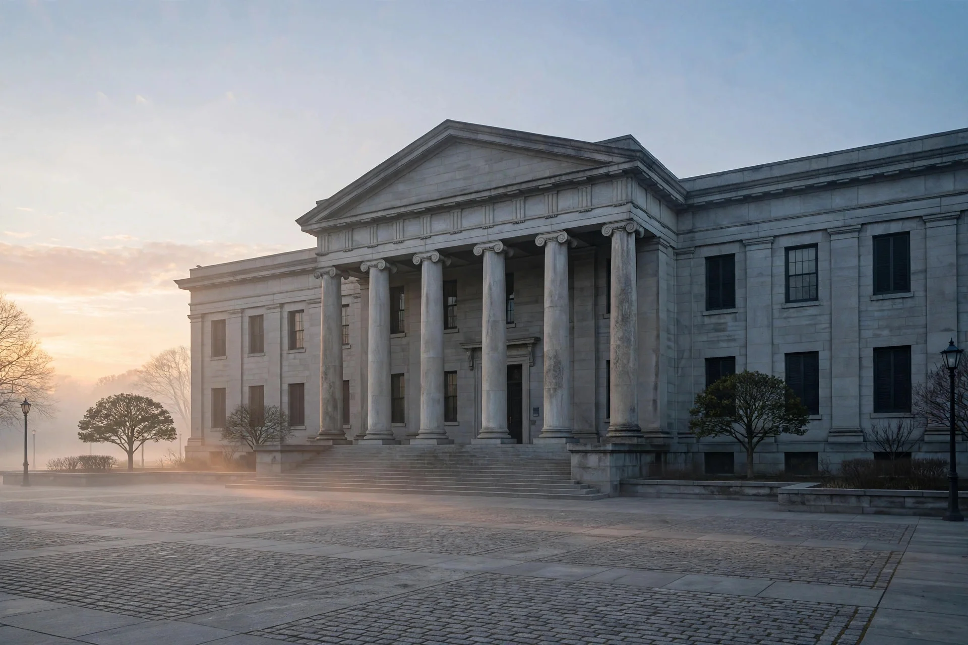 Edificio institucional de justicia de piedra con columnas al amanecer, plaza vacía en calma