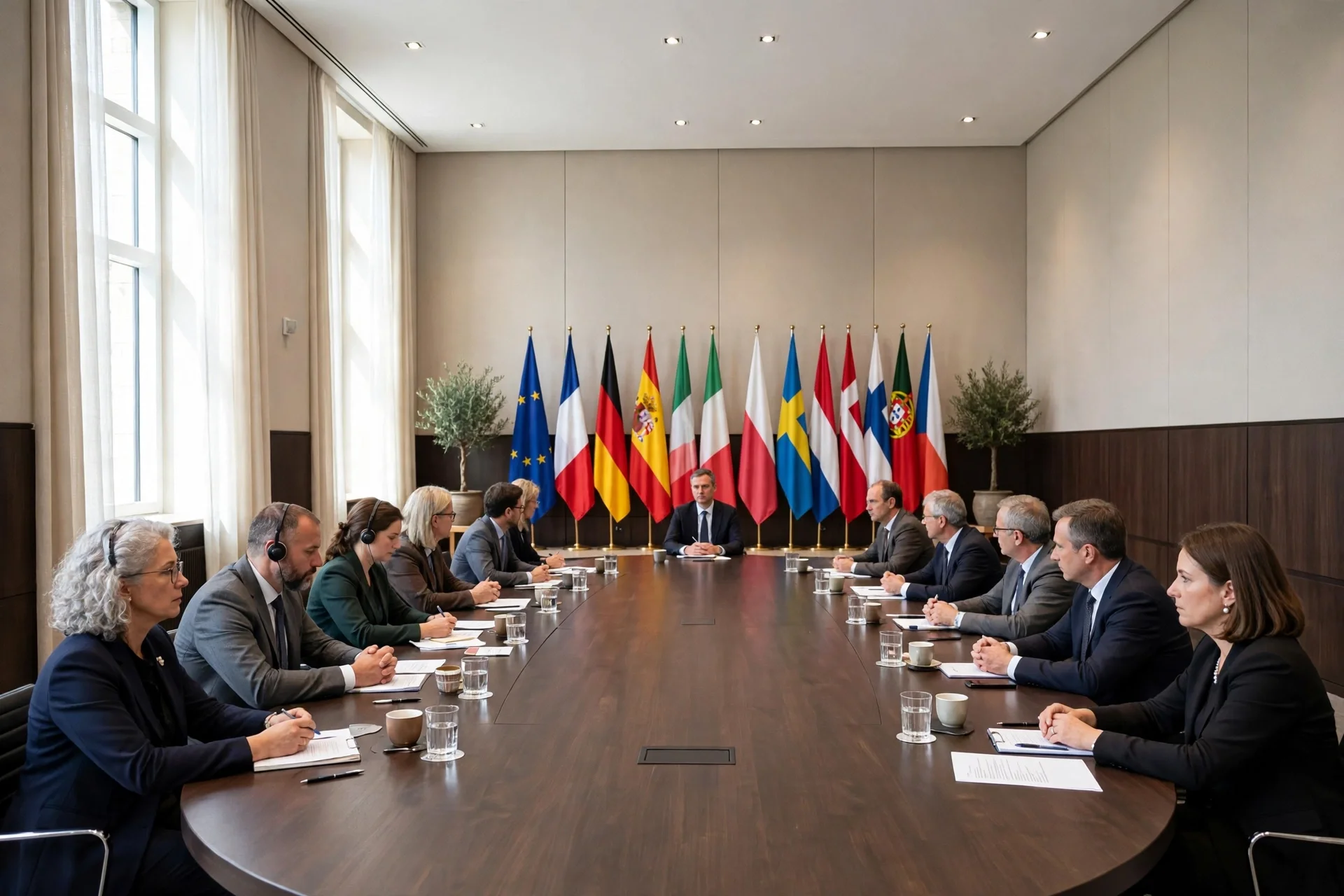 Sala de consejo diplomático con mesa larga, delegados reunidos y banderas europeas al fondo en ambiente institucional