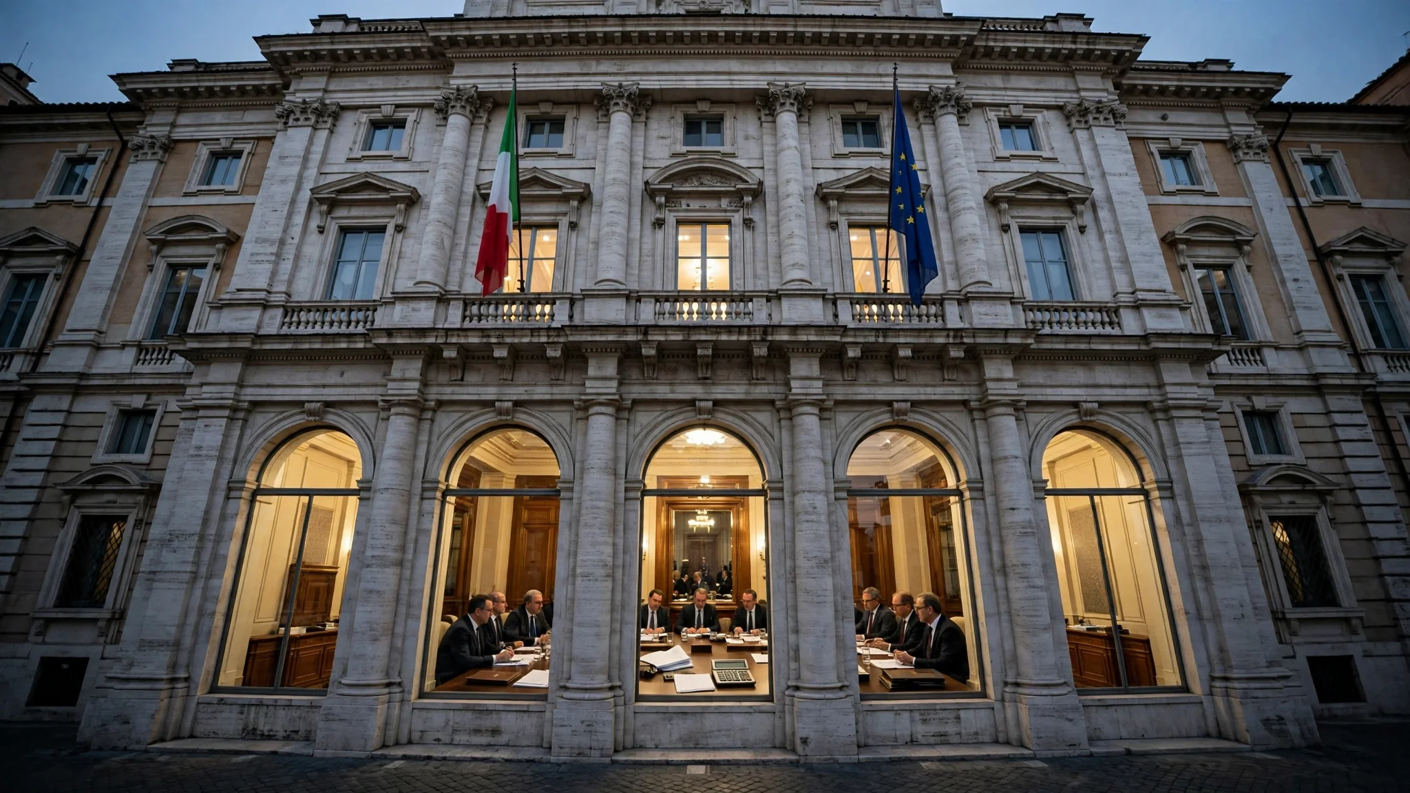 Fachada de un palacio de gobierno italiano al anochecer con las banderas de Italia y de la Unión Europea, y ministros reunidos en torno a una mesa visible tras los ventanales