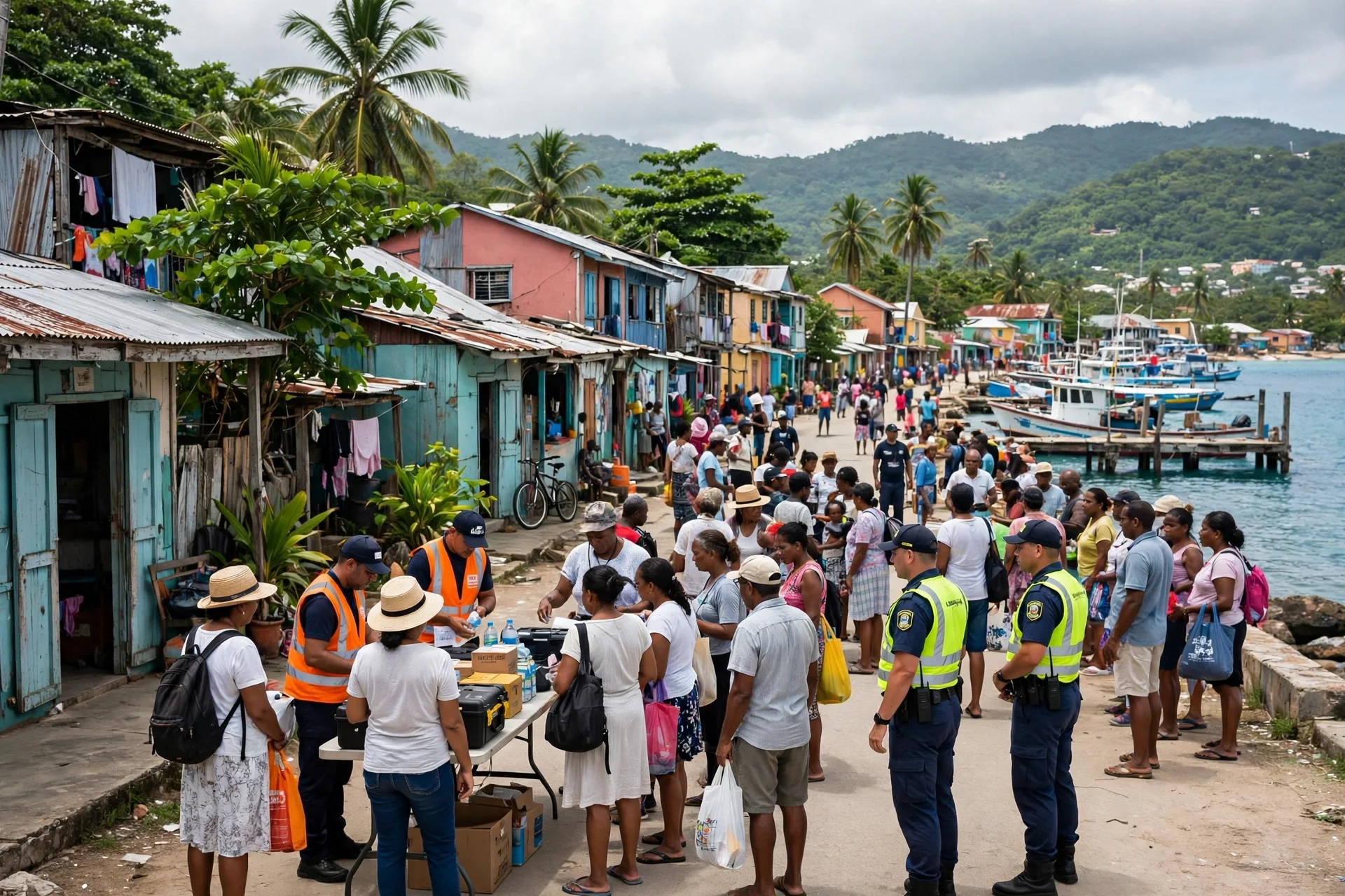 Residentes en fila ante una mesa de ayuda, con agentes de chalecos reflectantes, en una calle costera caribeña con casas de colores y barcos