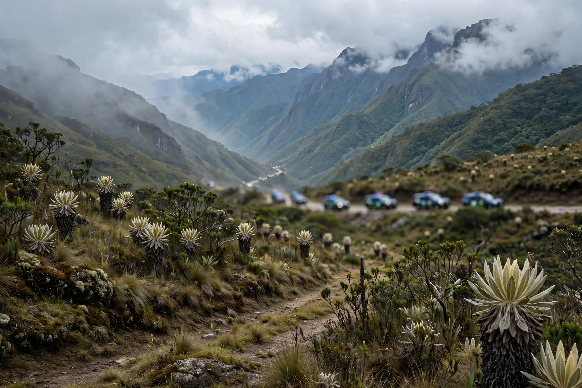 Valle montañoso de la Sierra Nevada con vegetación de páramo en primer plano y vehículos oficiales desenfocados a lo lejos sobre una vía rural
