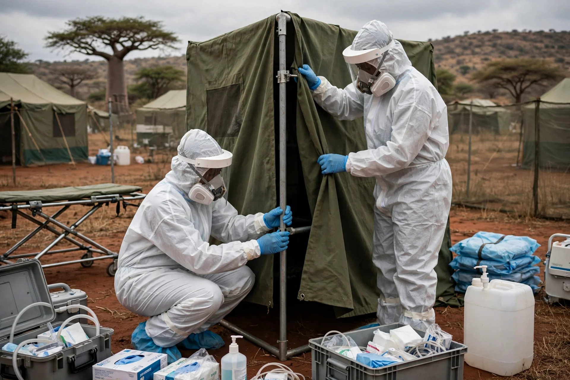 Personal sanitario con equipo de protección preparando una unidad de aislamiento en África, rostros cubiertos por mascarillas