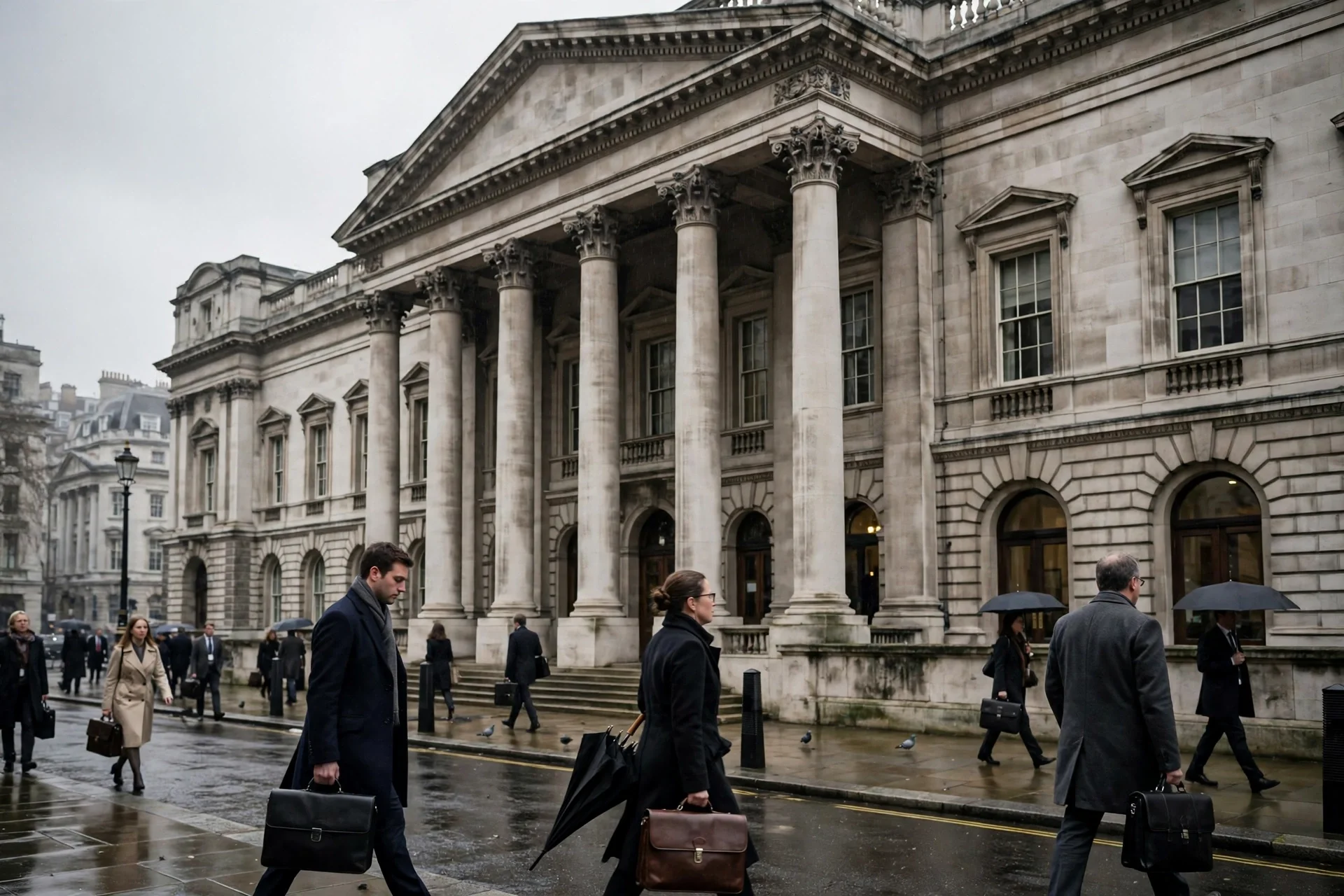 Edificio oficial británico de piedra con columnas en Londres, con profesionales caminando con maletines en una mañana gris