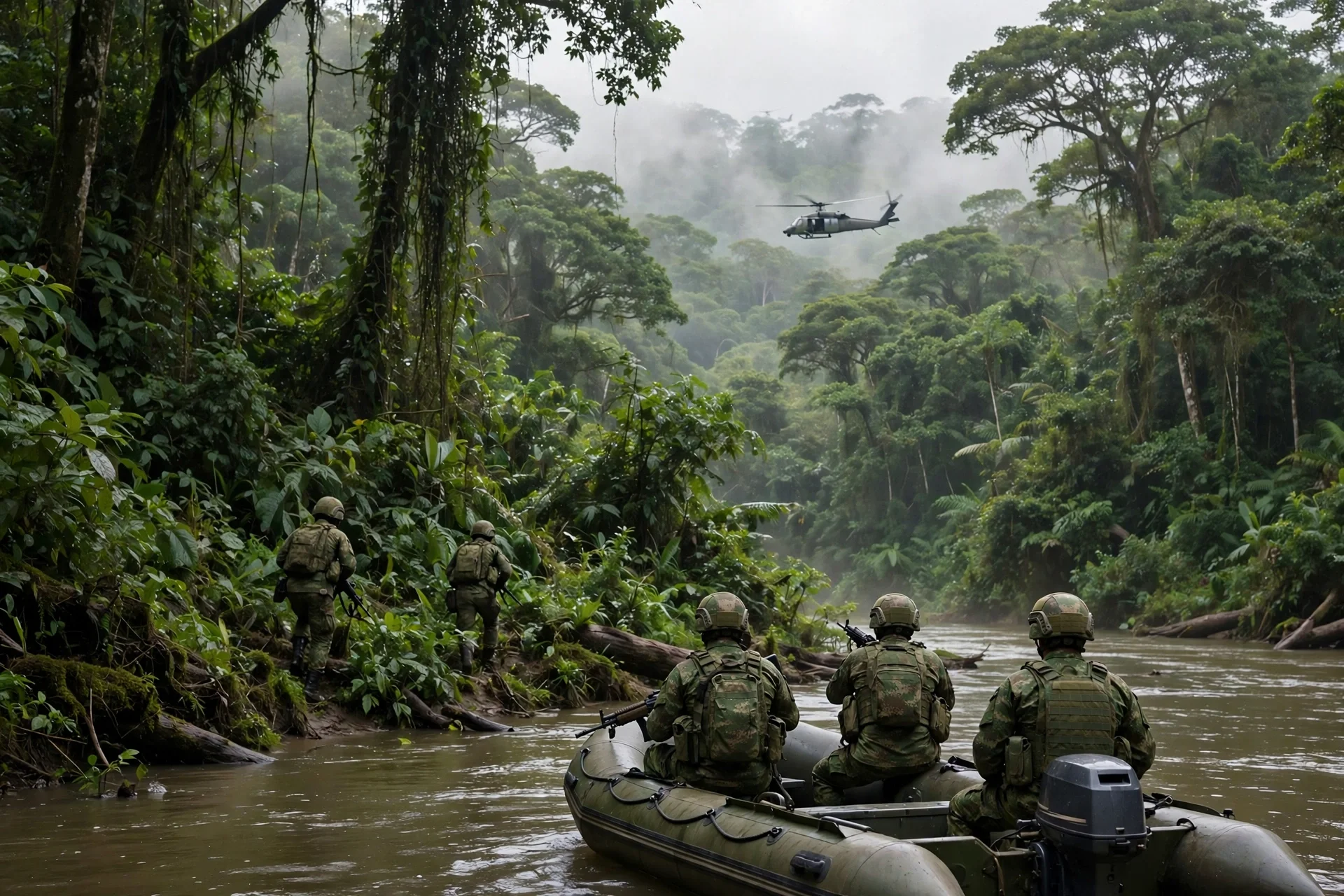 Patrulla fluvial del Ejército en un río de selva del Catatumbo con apoyo de helicóptero
