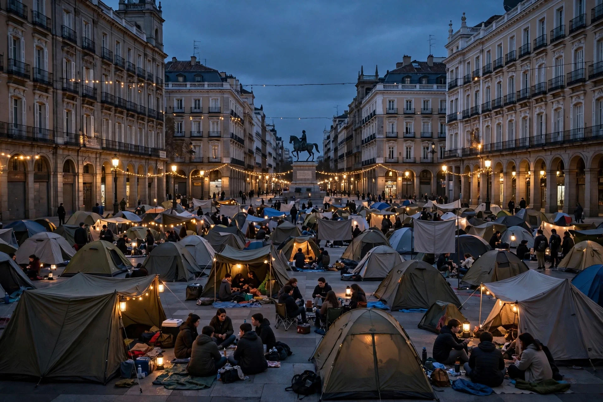 Plaza céntrica europea al anochecer con decenas de tiendas de campaña de protesta y una multitud de jóvenes entre las carpas bajo el resplandor de farolas y linternas, ilustración editorial sin texto legible