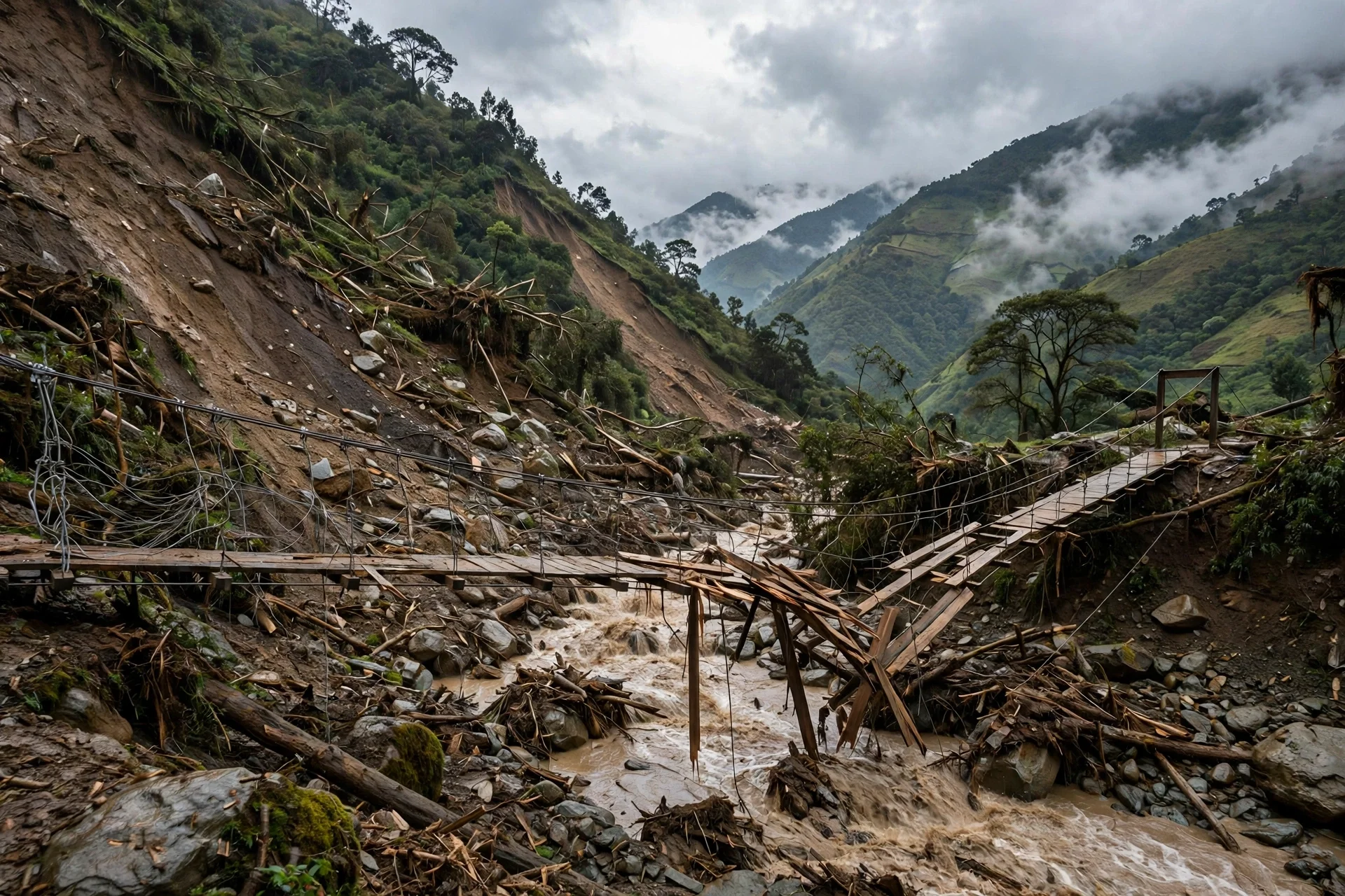 Ladera andina con deslizamiento de tierra y puente peatonal de madera dañado sobre una quebrada crecida y turbia