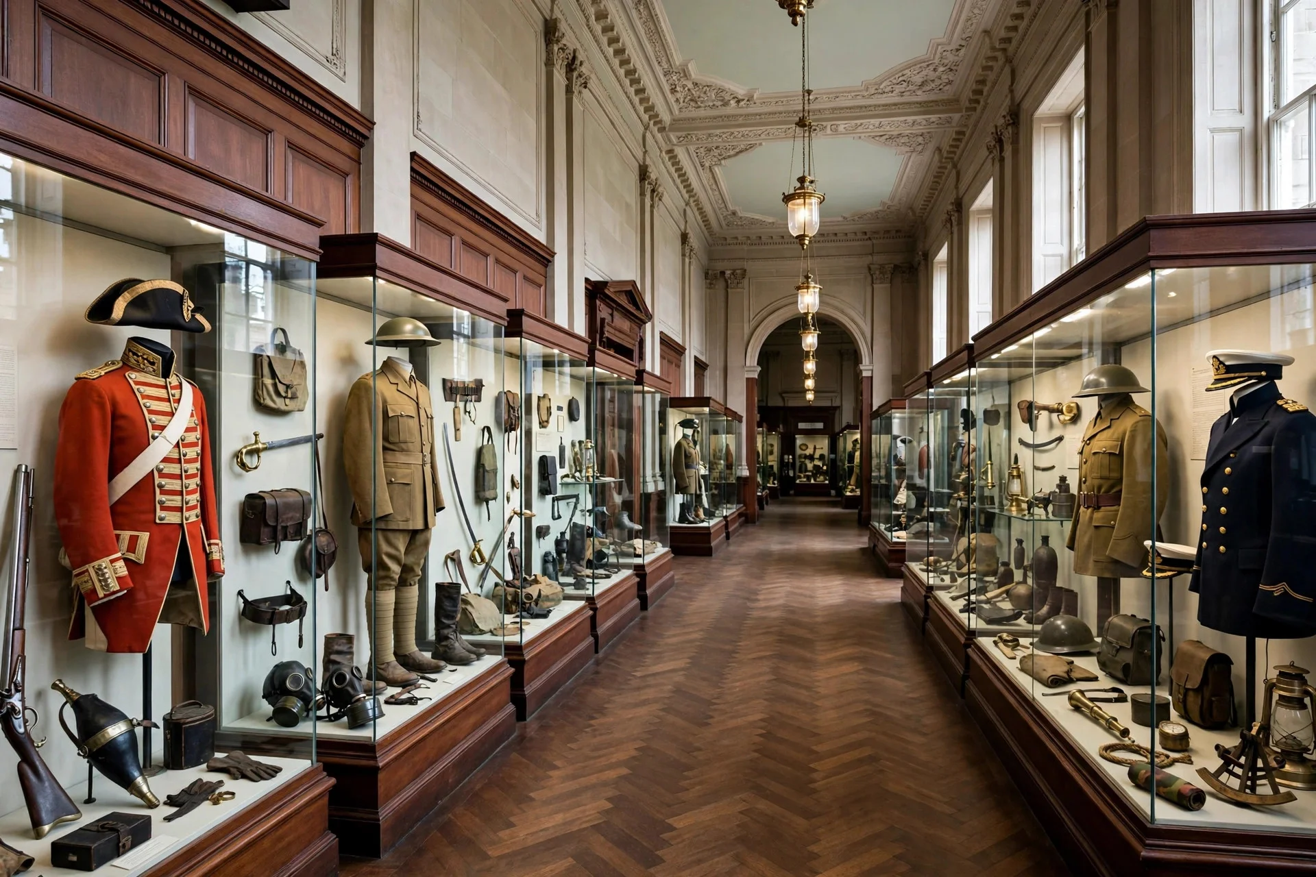 Sala de museo de historia militar británico con uniformes históricos y artefactos en vitrinas