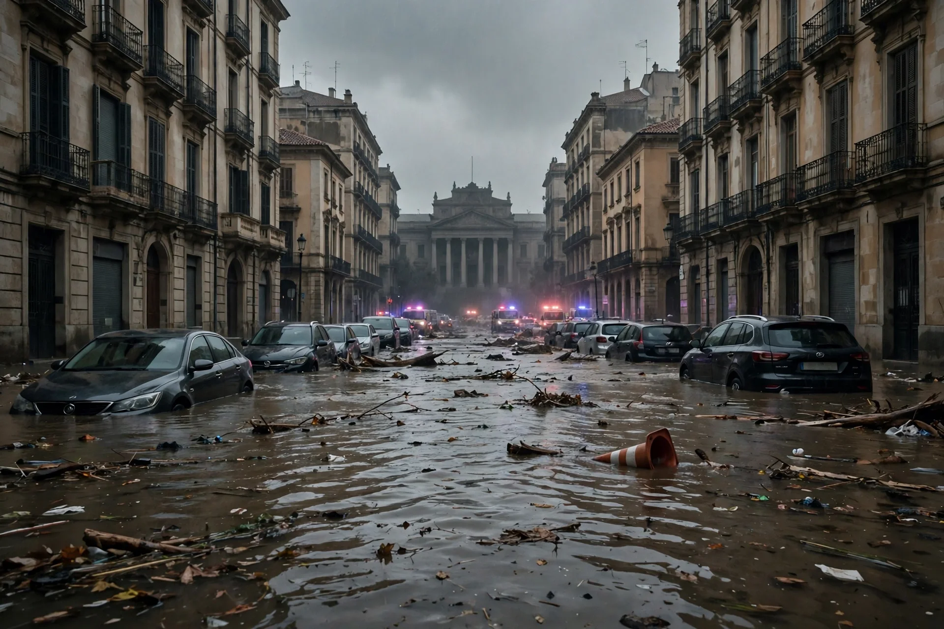 Ilustración de una calle inundada en Valencia tras la dana, con luces de emergencia a lo lejos y un edificio judicial al fondo bajo un cielo gris
