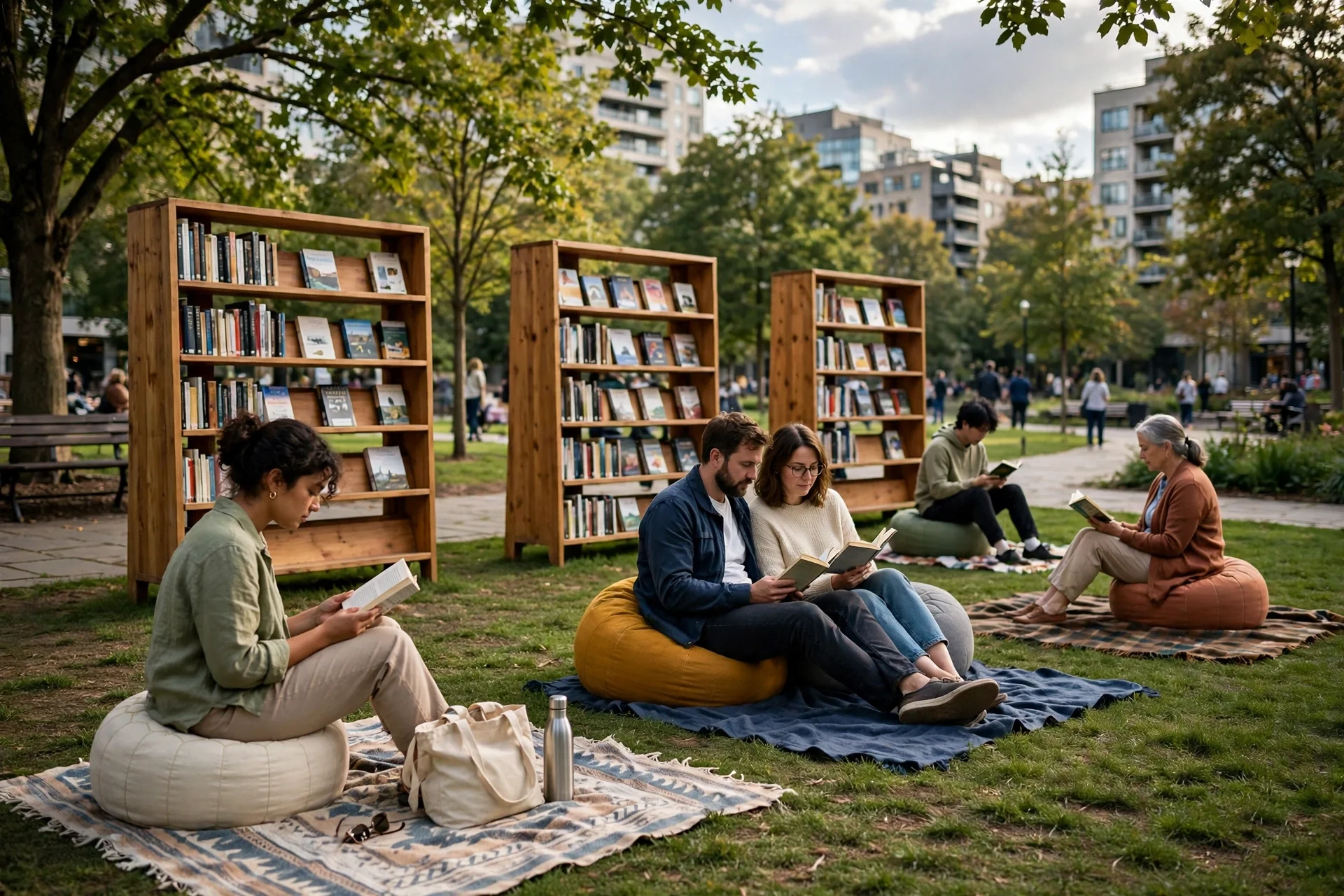 Estanterías de madera con libros al aire libre en un parque urbano, con personas leyendo en pufs y mantas sobre el césped