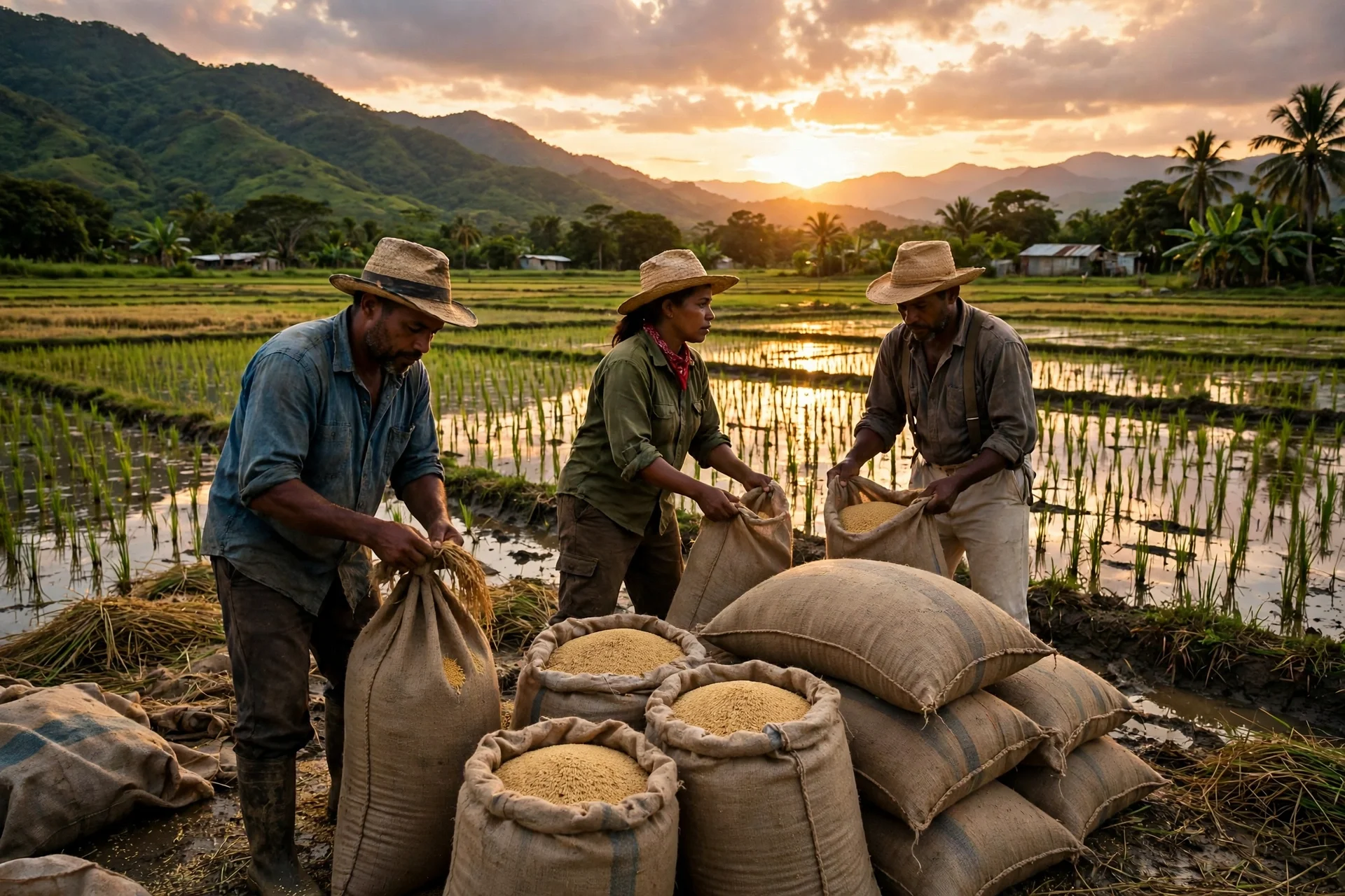 Arrozales dominicanos al atardecer con agricultores junto a sacos de arroz