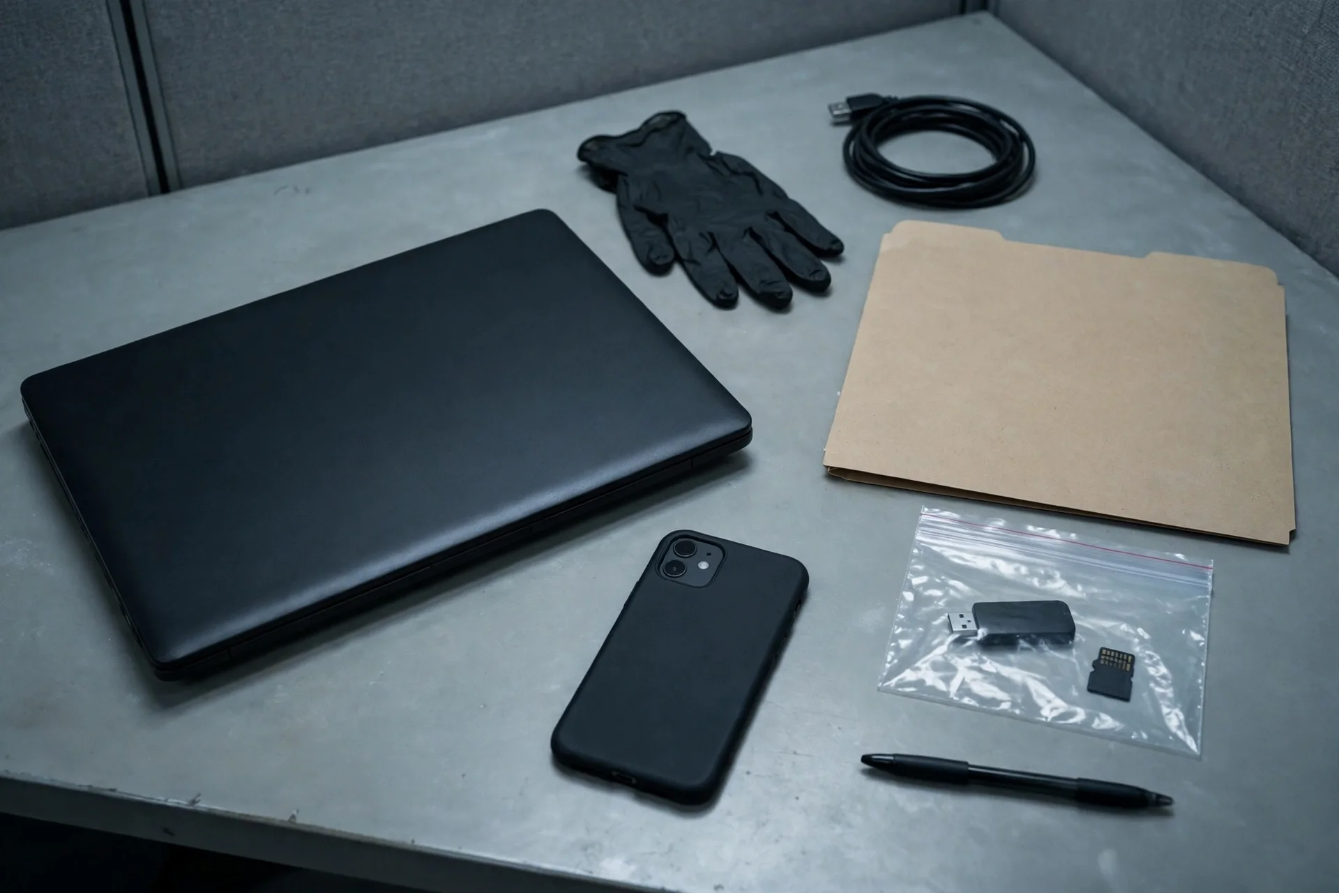 Escritorio institucional con un computador portátil cerrado y un teléfono celular junto a una carpeta de evidencias, bajo luz fría