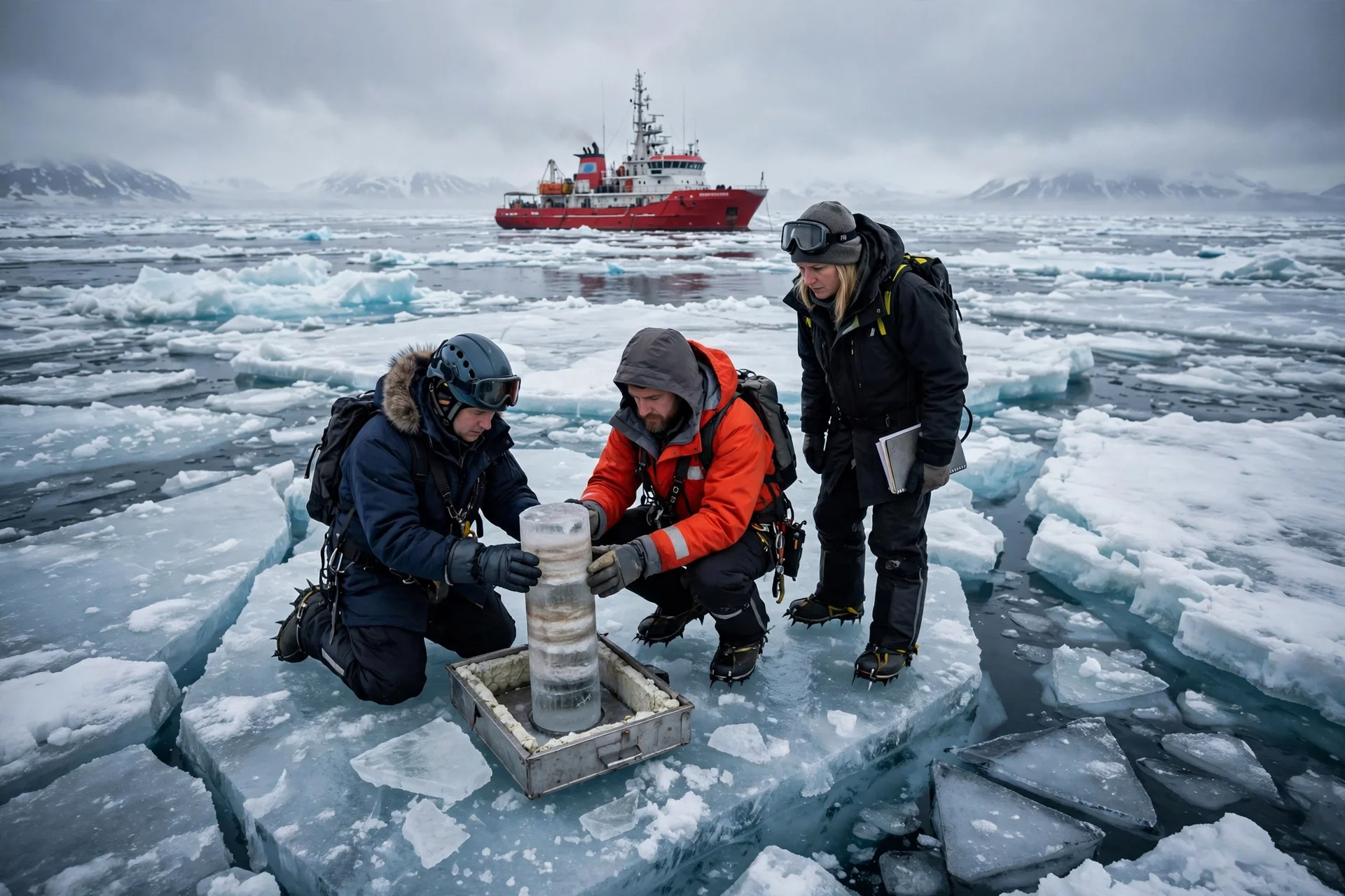 Investigadores sobre hielo marino ártico examinan un testigo de hielo con un buque de investigación rojo al fondo