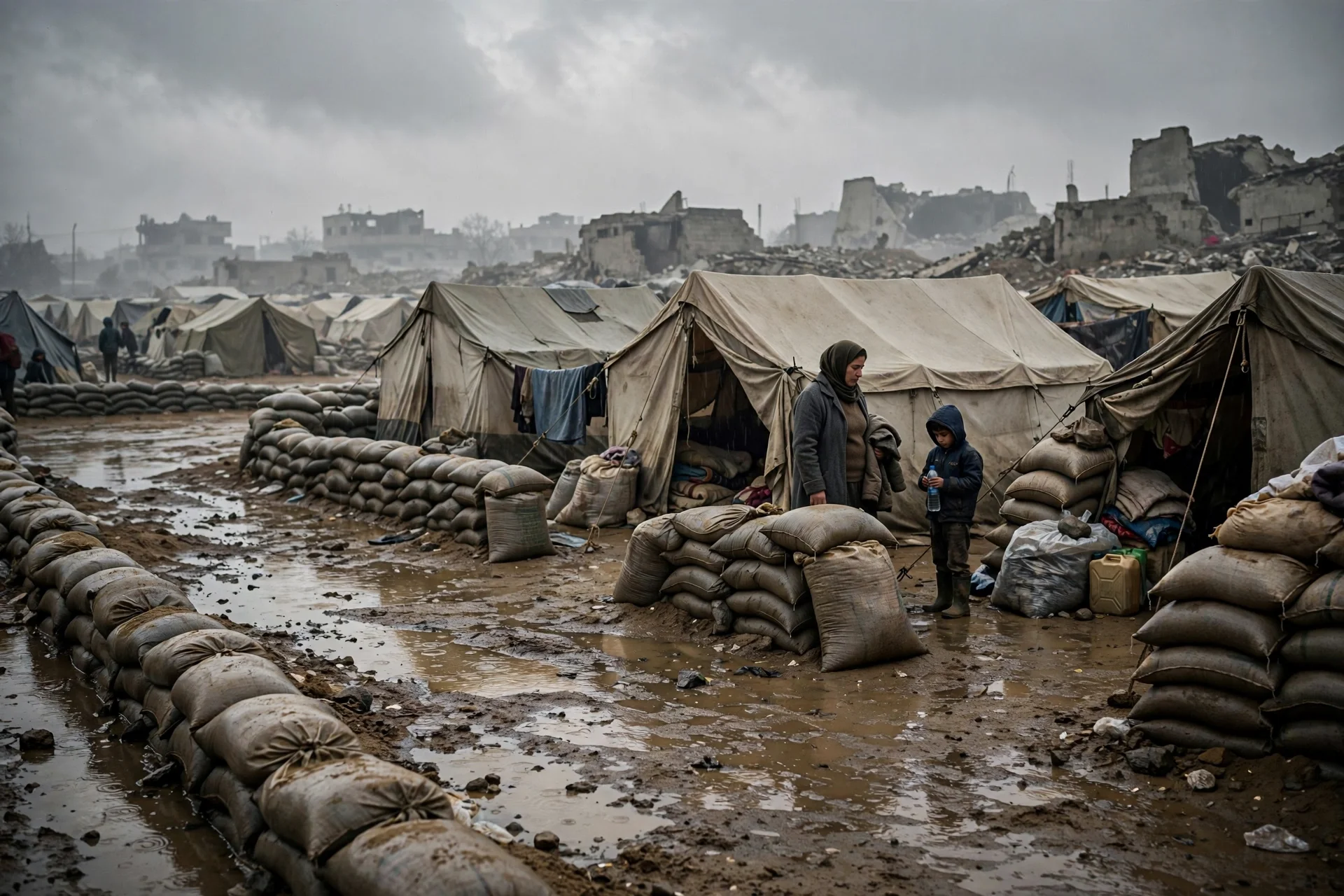 Tiendas de familias desplazadas en Gaza reforzadas con sacos de arena como barreras contra la lluvia invernal, con suelo embarrado y una mujer junto a un niño.