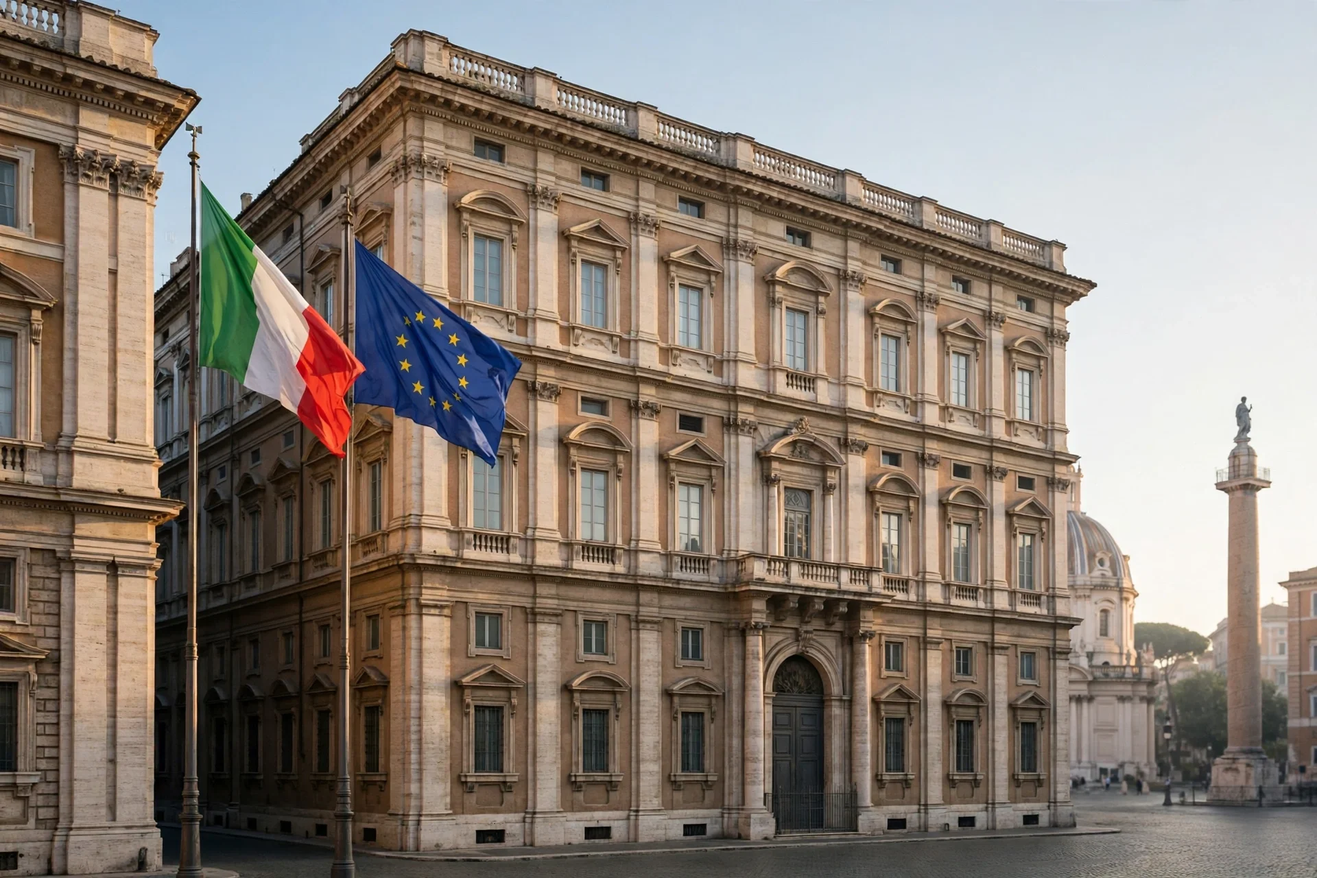 Palacio de gobierno en Roma con las banderas de Italia y de la Unión Europea