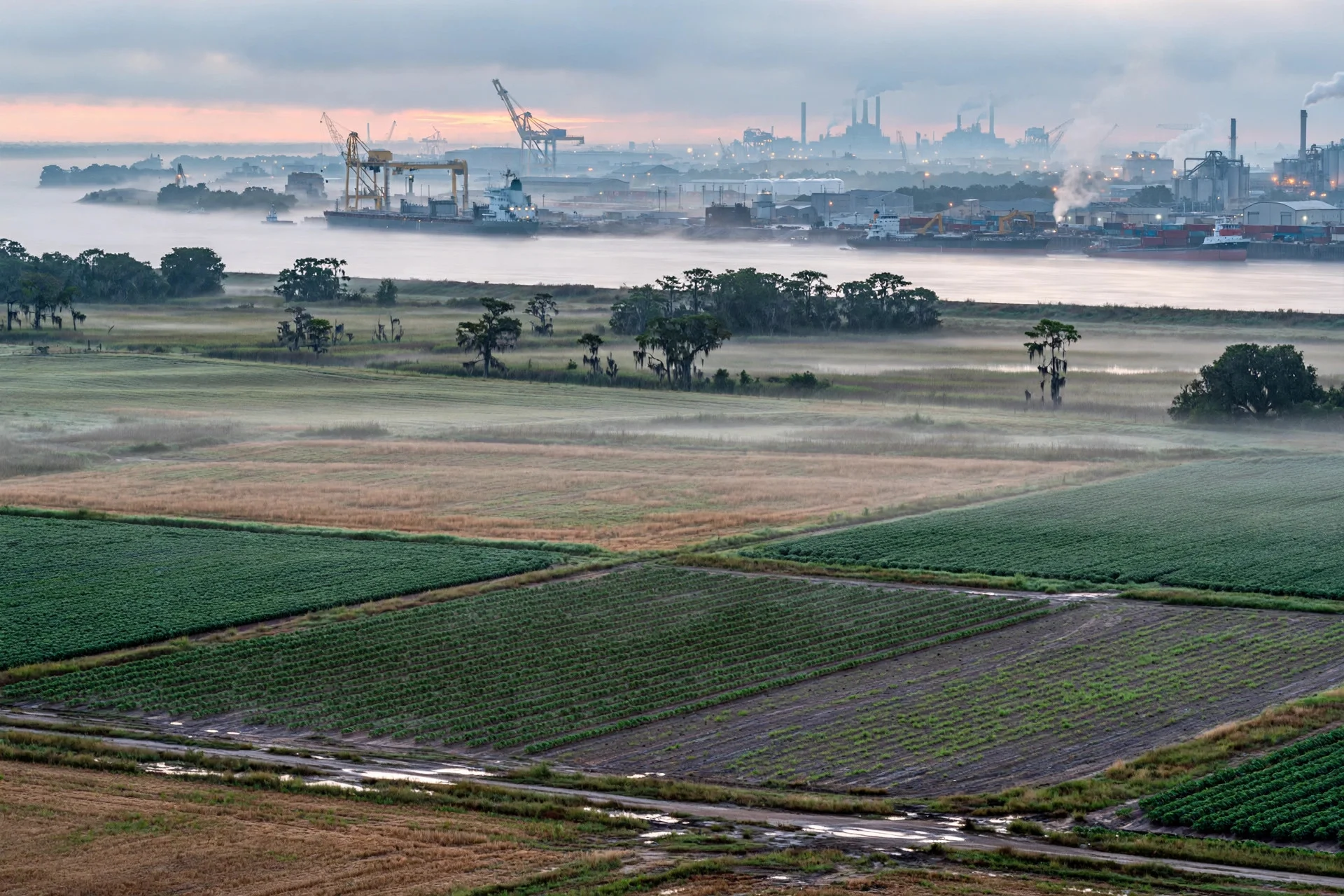 Campos de cultivo al amanecer frente a un río con buques de carga y grúas portuarias, con la industria al fondo entre la niebla