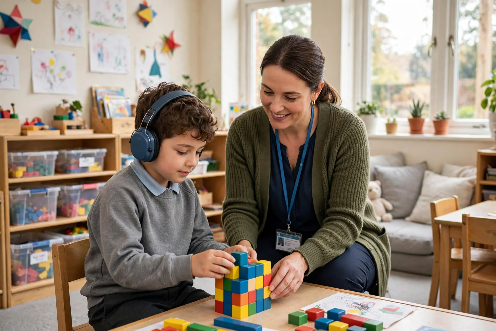 Una docente de apoyo ayuda a un niño con auriculares a construir con bloques de colores en un aula luminosa de primaria