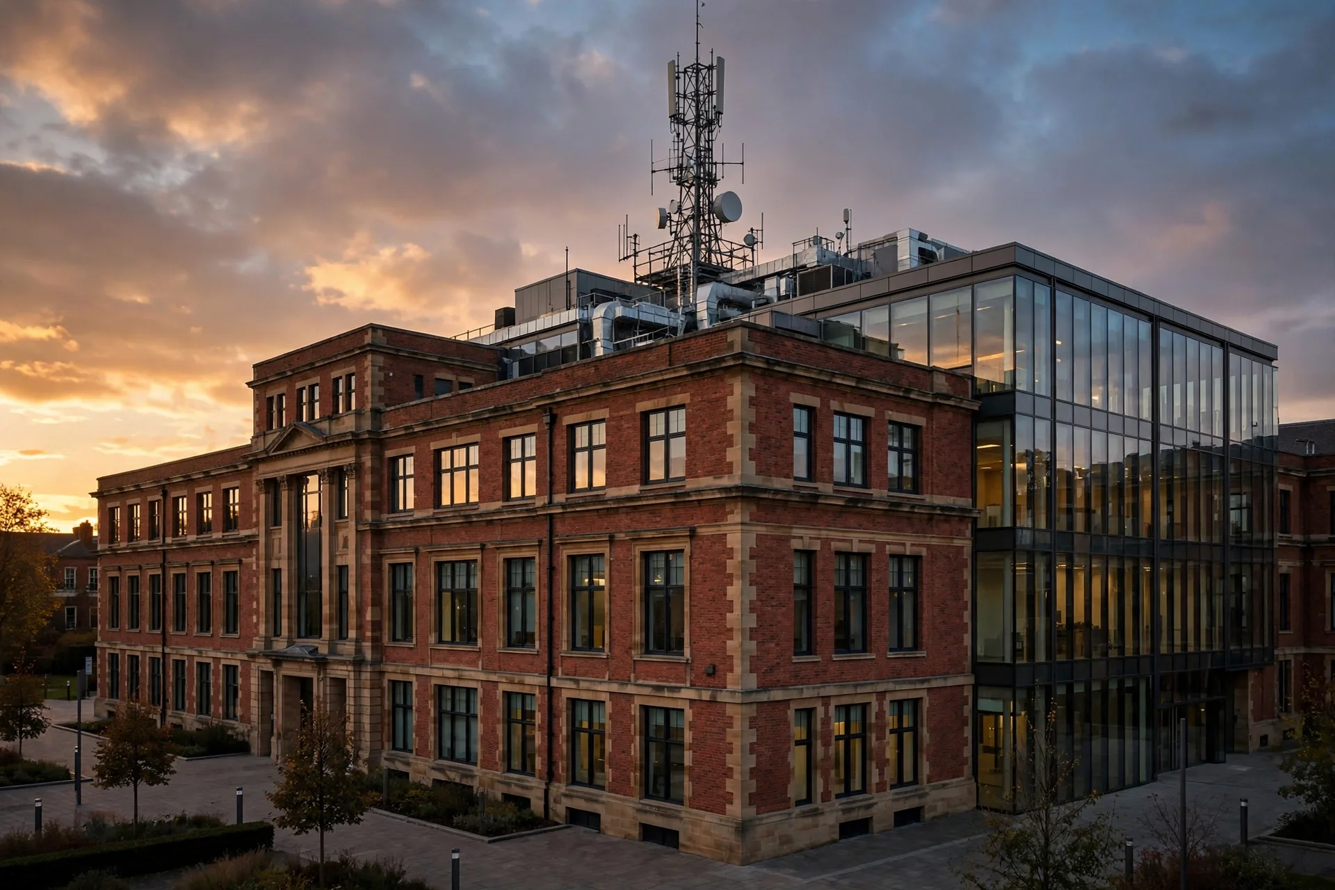 Edificio institucional británico de ladrillo rojo con anexo de cristal al atardecer, con un mástil de antenas de comunicaciones sobre la azotea.