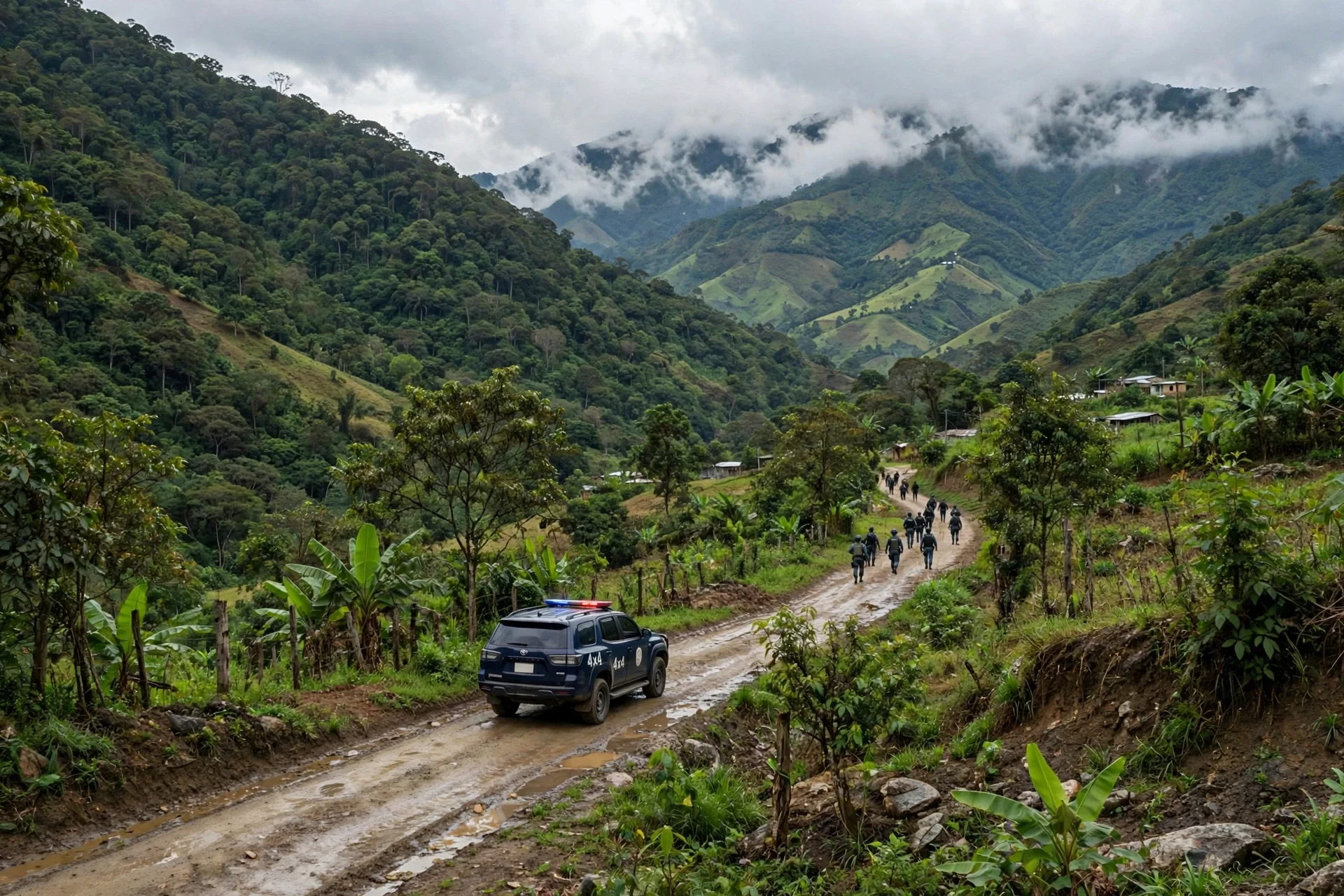 Camino de tierra entre montañas verdes del sur de Bolívar con un vehículo policial y una patrulla a pie a lo lejos.