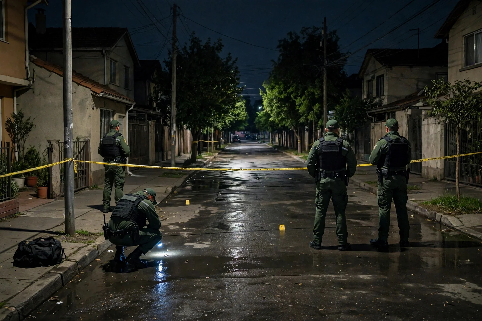 Escena nocturna de investigación policial en una calle residencial de Santiago de Chile, con cinta perimetral amarilla y agentes de espaldas examinando la calzada