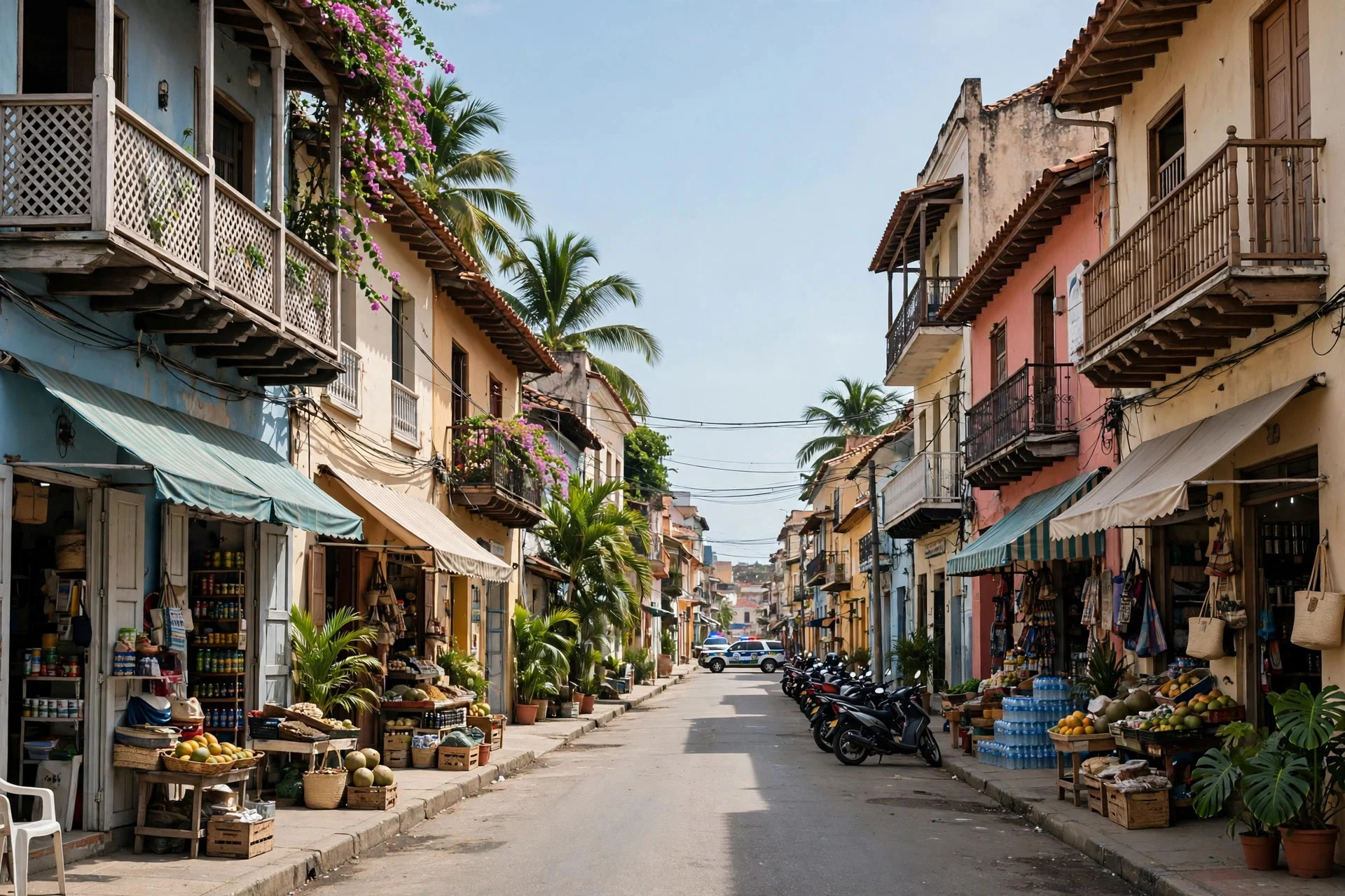 Calle principal diurna y tranquila de una ciudad caribeña colombiana, con comercio abierto y una patrulla policial lejana