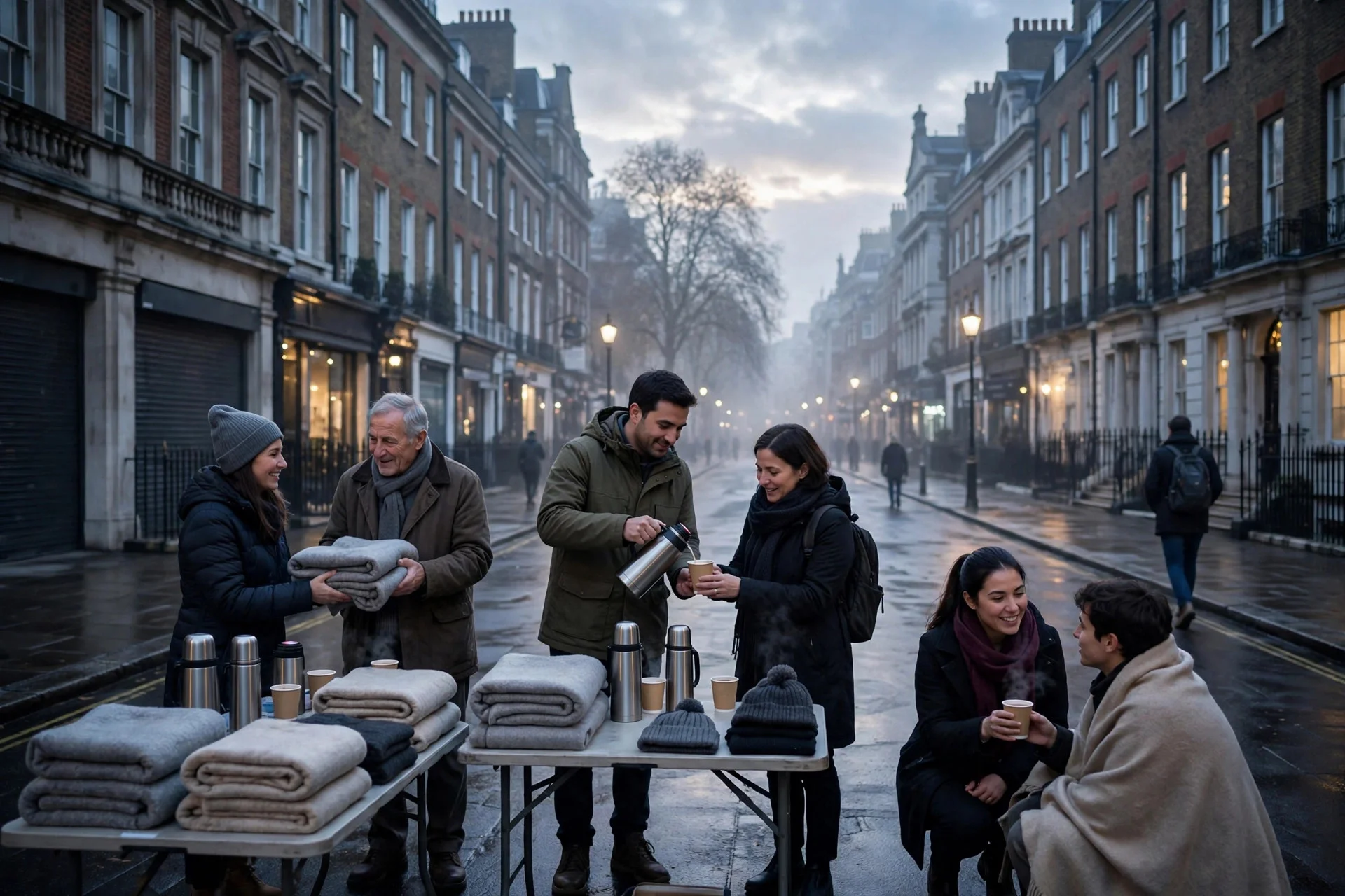 Calle de Londres al amanecer con un equipo de apoyo repartiendo mantas y bebidas calientes
