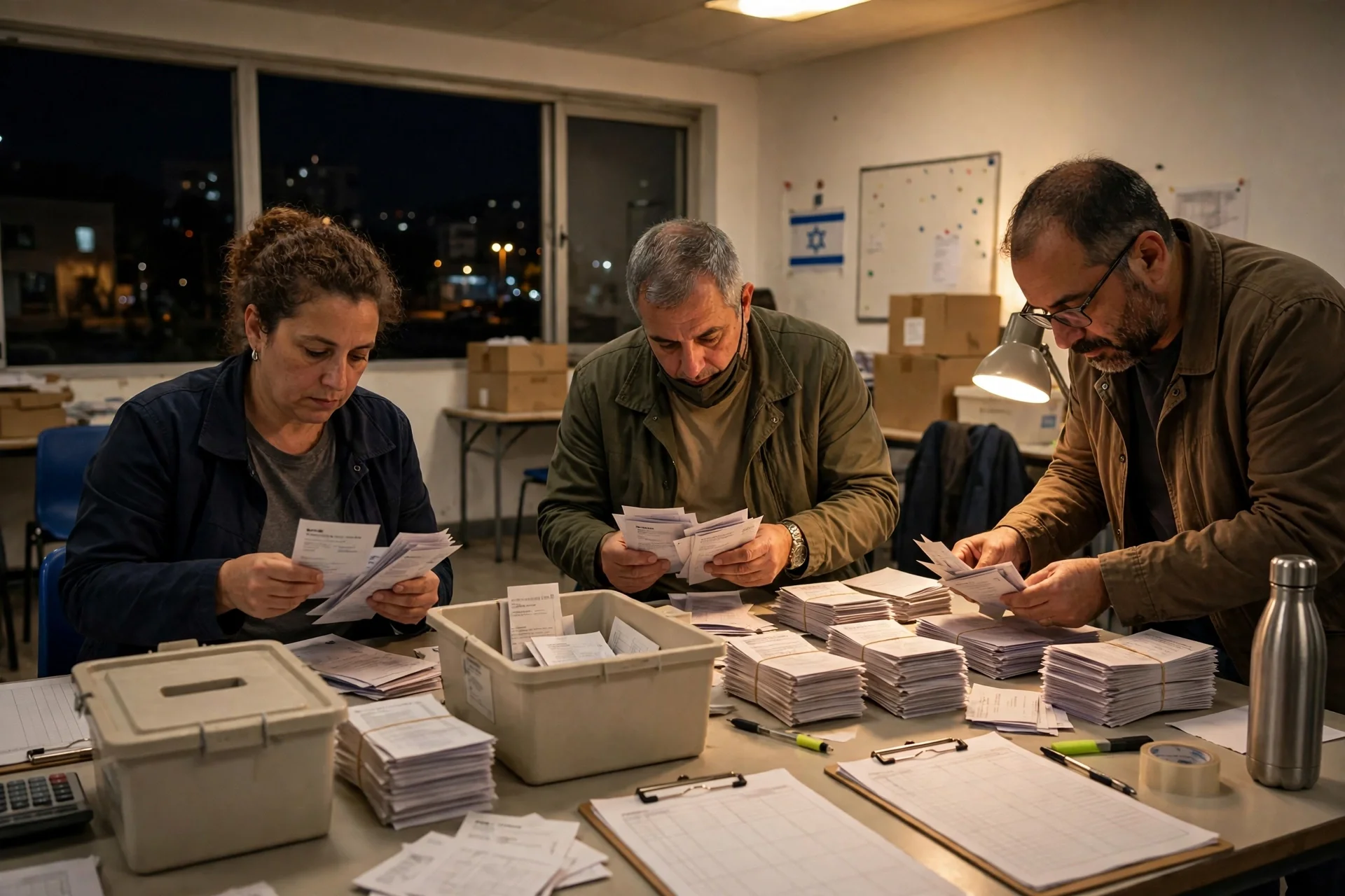 Funcionarios contando papeletas de noche en un colegio electoral, con urnas y actas sobre la mesa