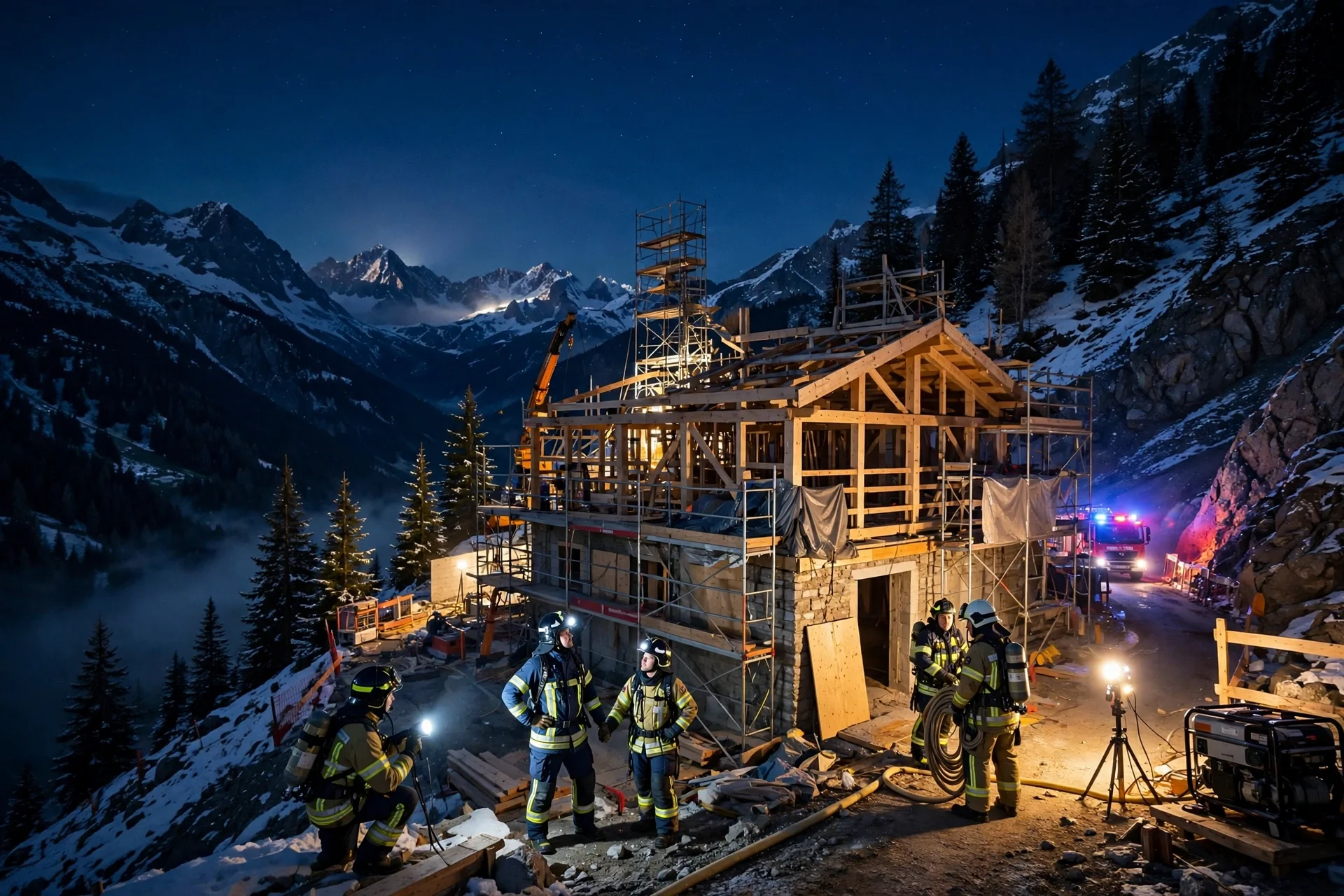 Edificio de montaña en los Alpes bávaros de noche con bomberos trabajando junto a la estructura