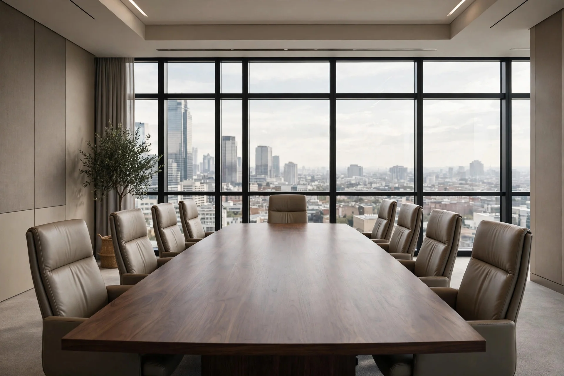 Empty corporate boardroom with a long table and leather chairs by large windows