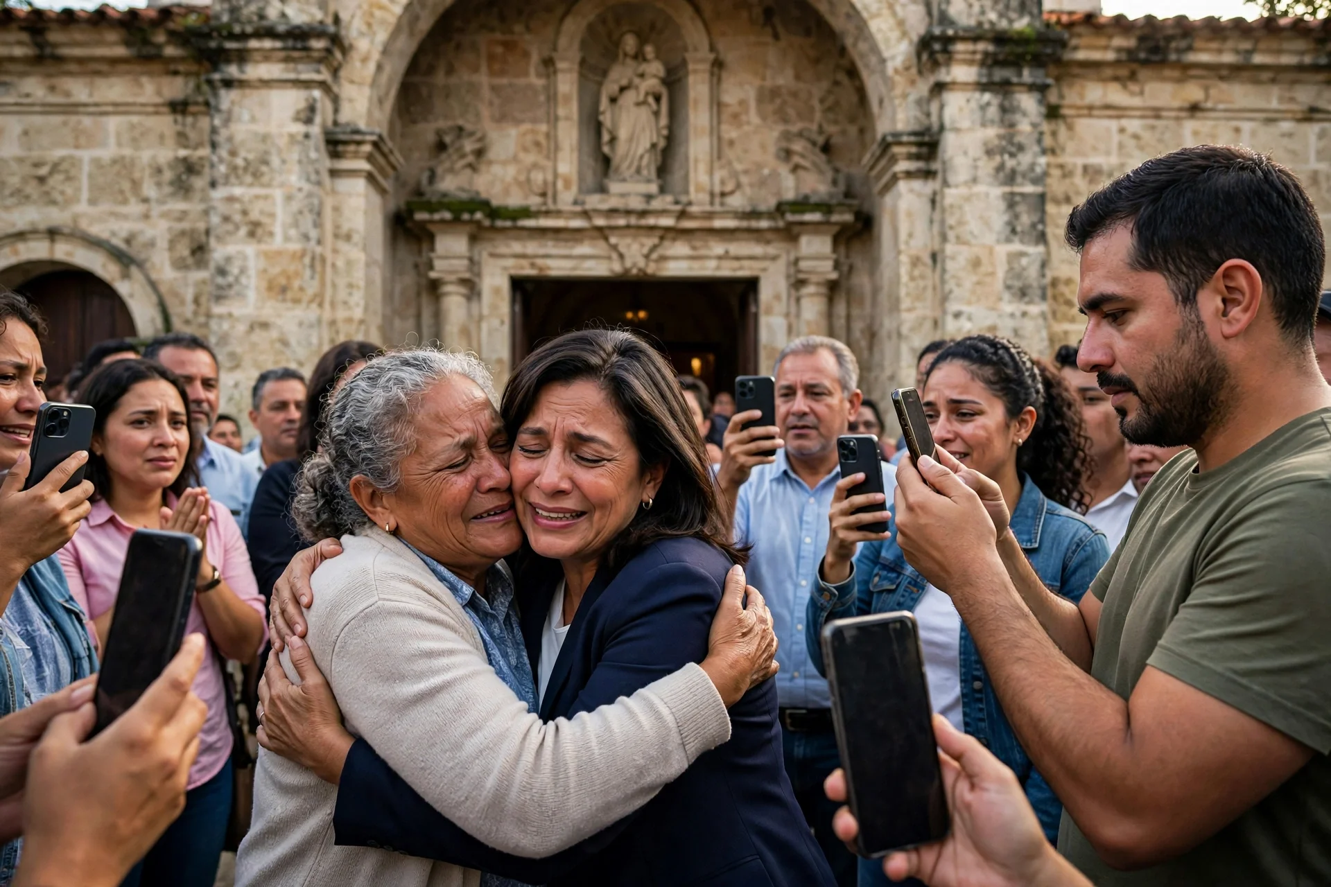 Multitud recibiendo con un abrazo a una líder a la entrada de una iglesia santuario de piedra