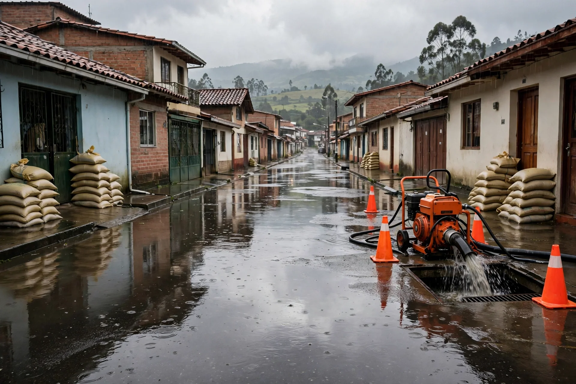 Calle residencial inundada tras la lluvia, con sacos de arena en las entradas de las casas, una motobomba naranja bombeando agua junto a una alcantarilla y conos de señalización
