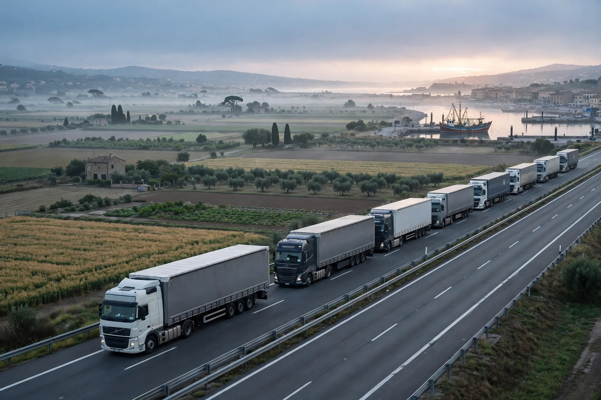 Camiones de mercancías en una autopista italiana al amanecer junto a campos agrícolas