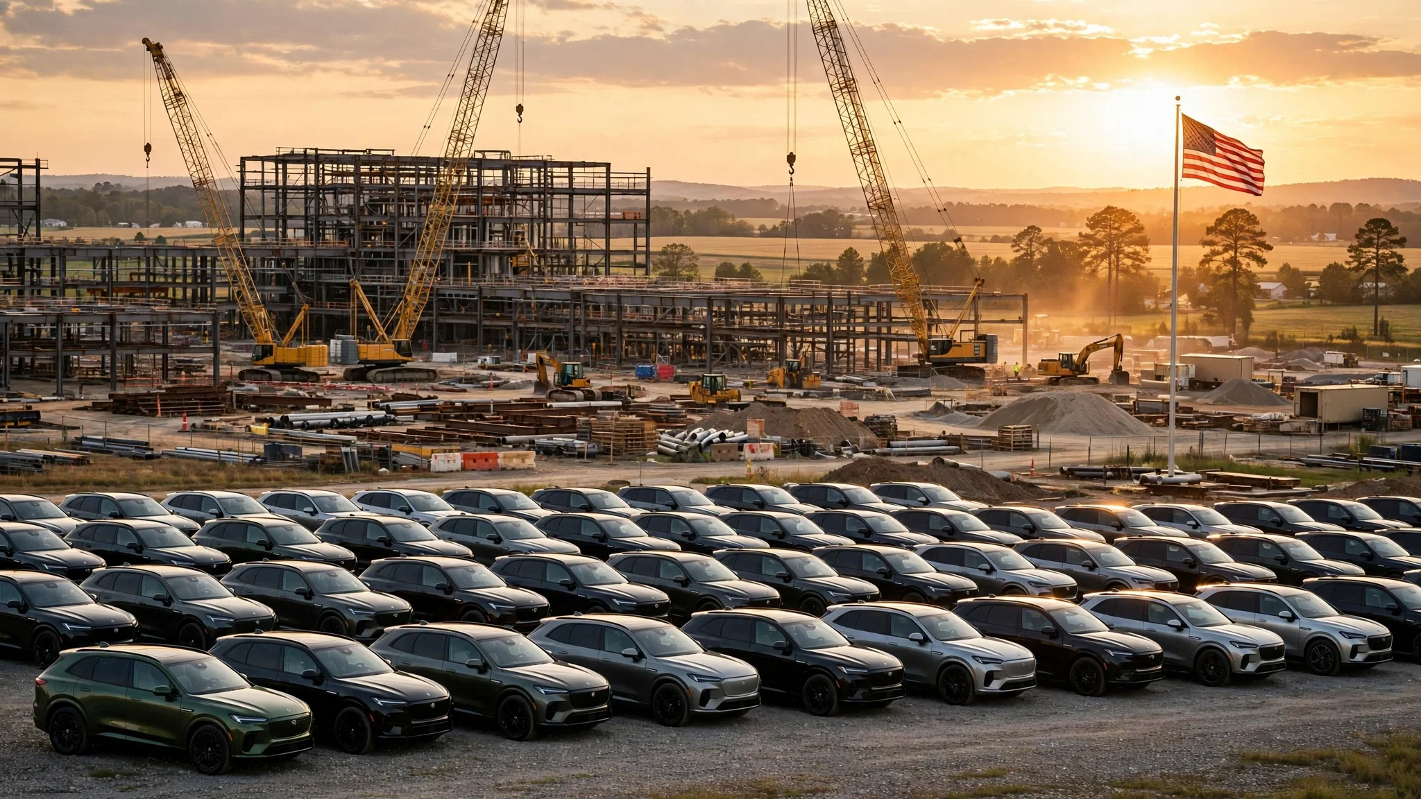 Obras de una planta automotriz en Georgia con grúas, estructura de acero y filas de todoterrenos al atardecer
