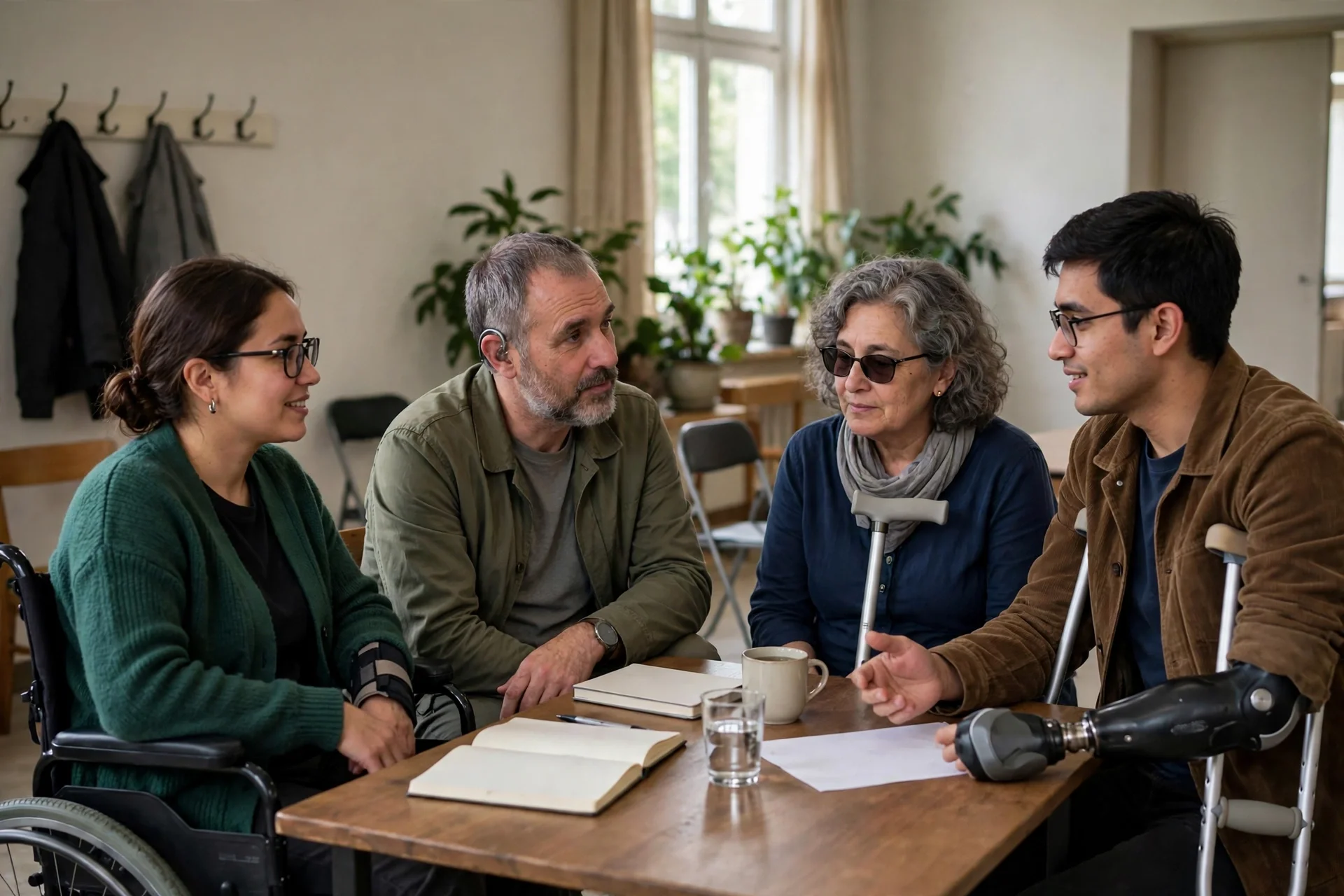 Personas con discapacidad conversando alrededor de una mesa en un taller de consulta pública, en un ambiente digno y sobrio