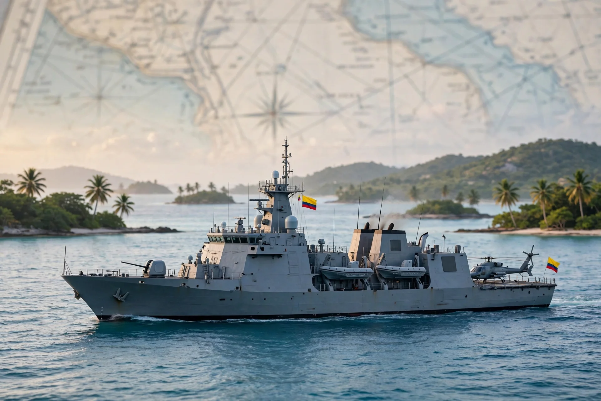 Buque naval gris con banderas de Colombia y un helicóptero en popa navegando en mar turquesa entre islotes con palmeras, con una carta náutica desenfocada al fondo