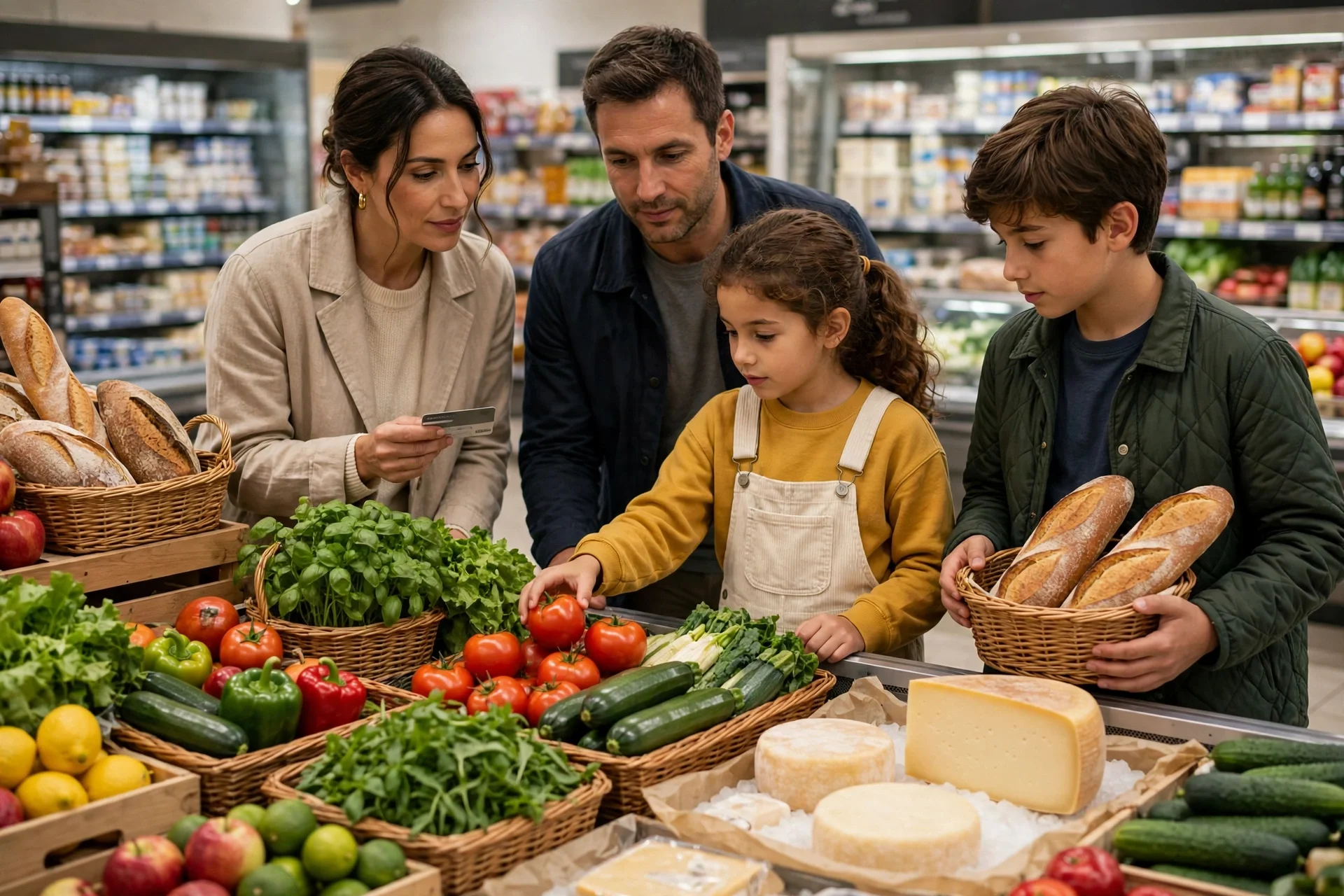 Familia en un supermercado eligiendo pan, verduras frescas y quesos mientras la madre sostiene una tarjeta de pago