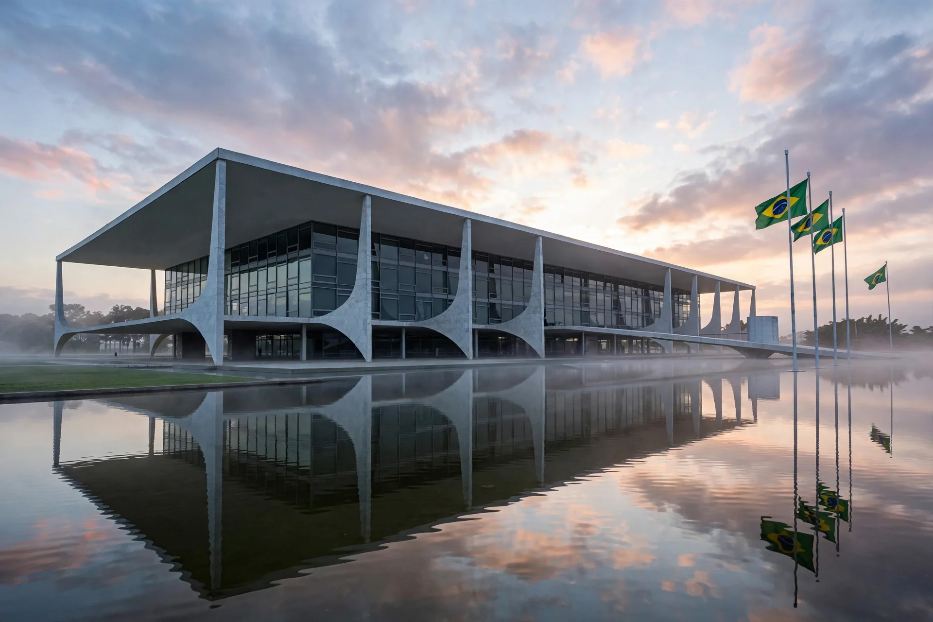 Ilustración del Palacio de Planalto en Brasilia al amanecer
