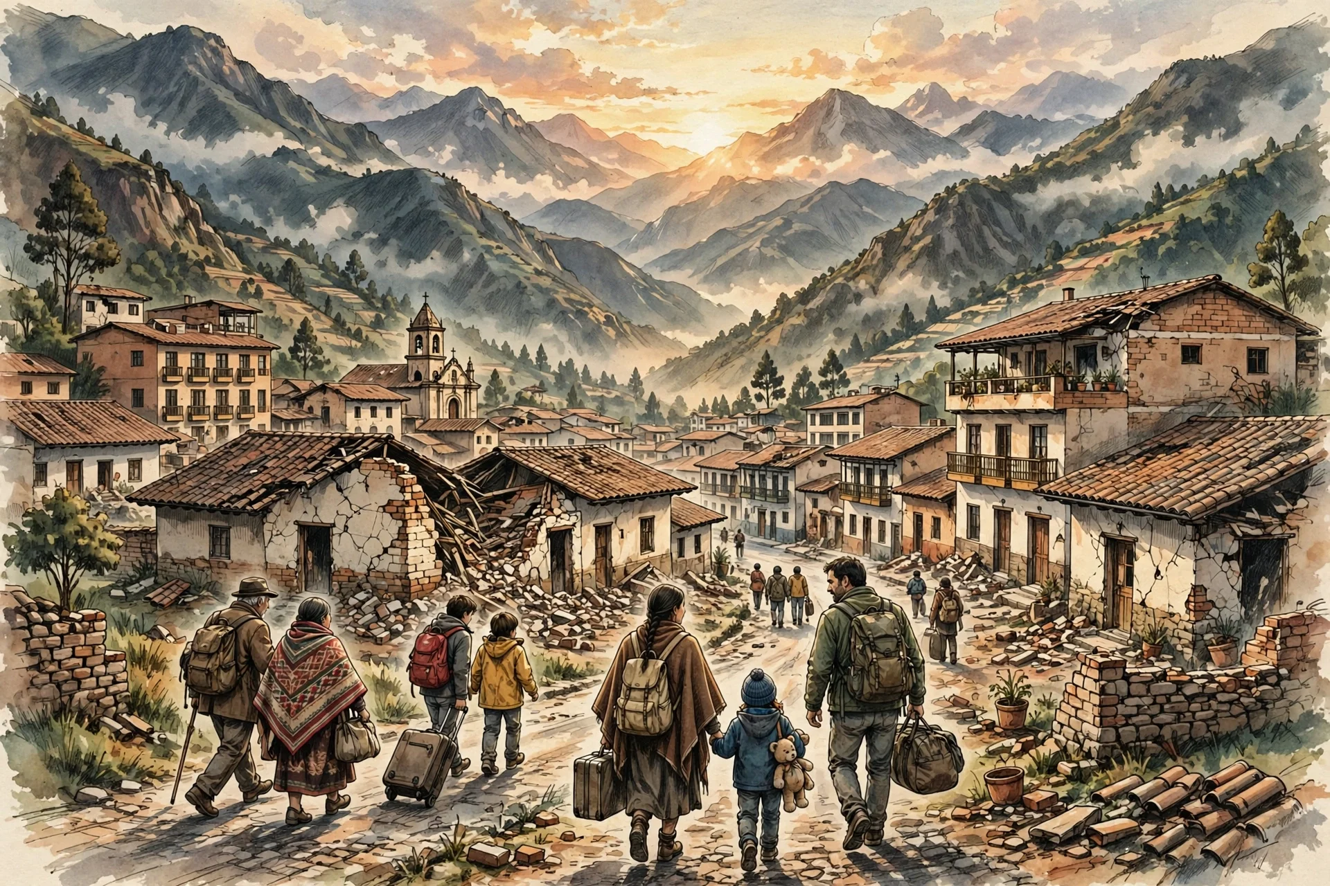 Ilustración de viajeros llegando a un pueblo andino con casas dañadas por un terremoto y montañas al fondo