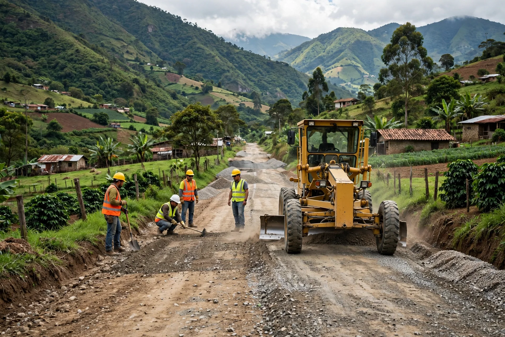 Una motoniveladora amarilla y obreros con chalecos reparan una vía rural de tierra entre montañas verdes y fincas