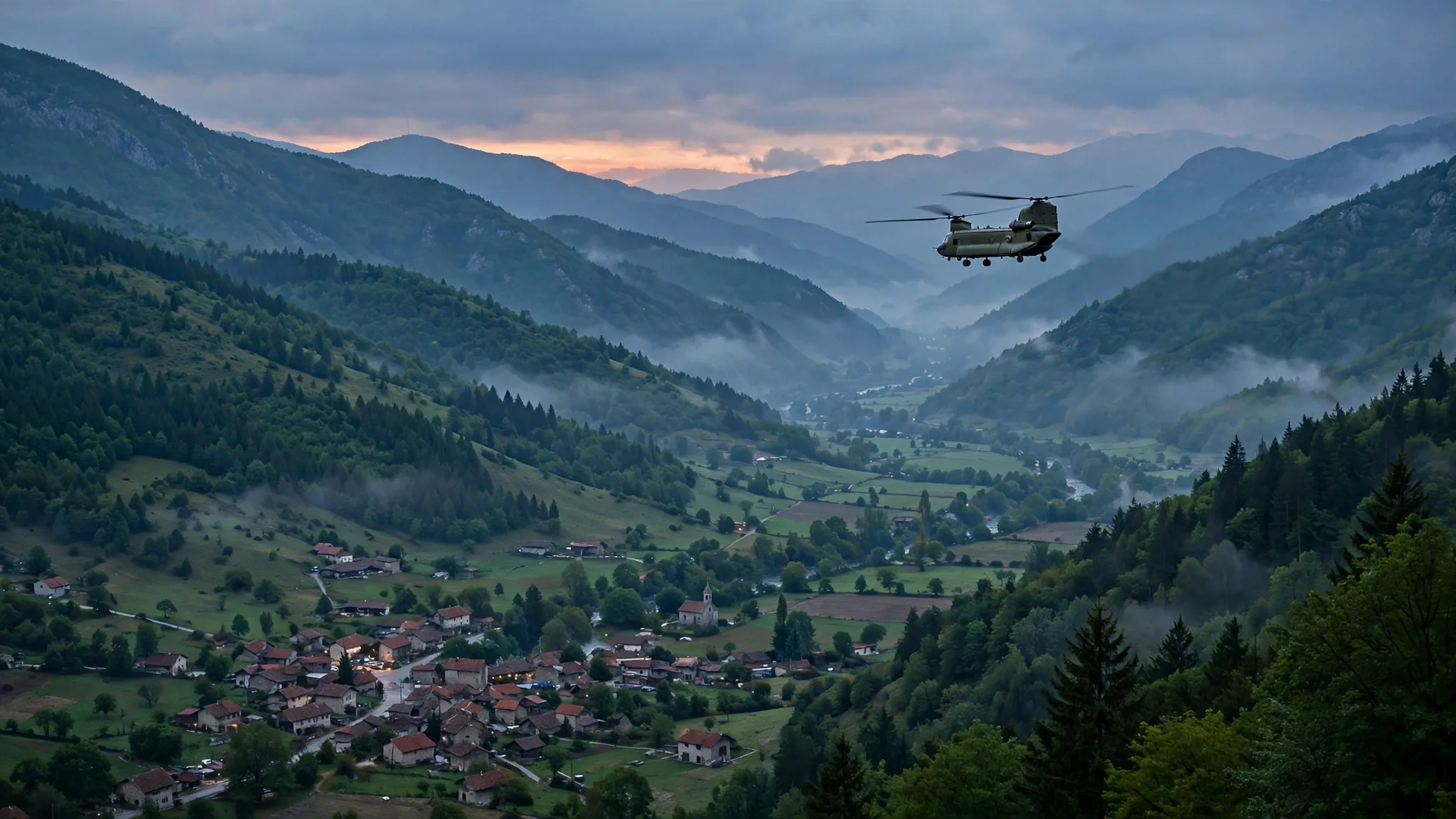 Un helicóptero militar de transporte sobrevuela un valle de montañas verdes en Bosnia al atardecer