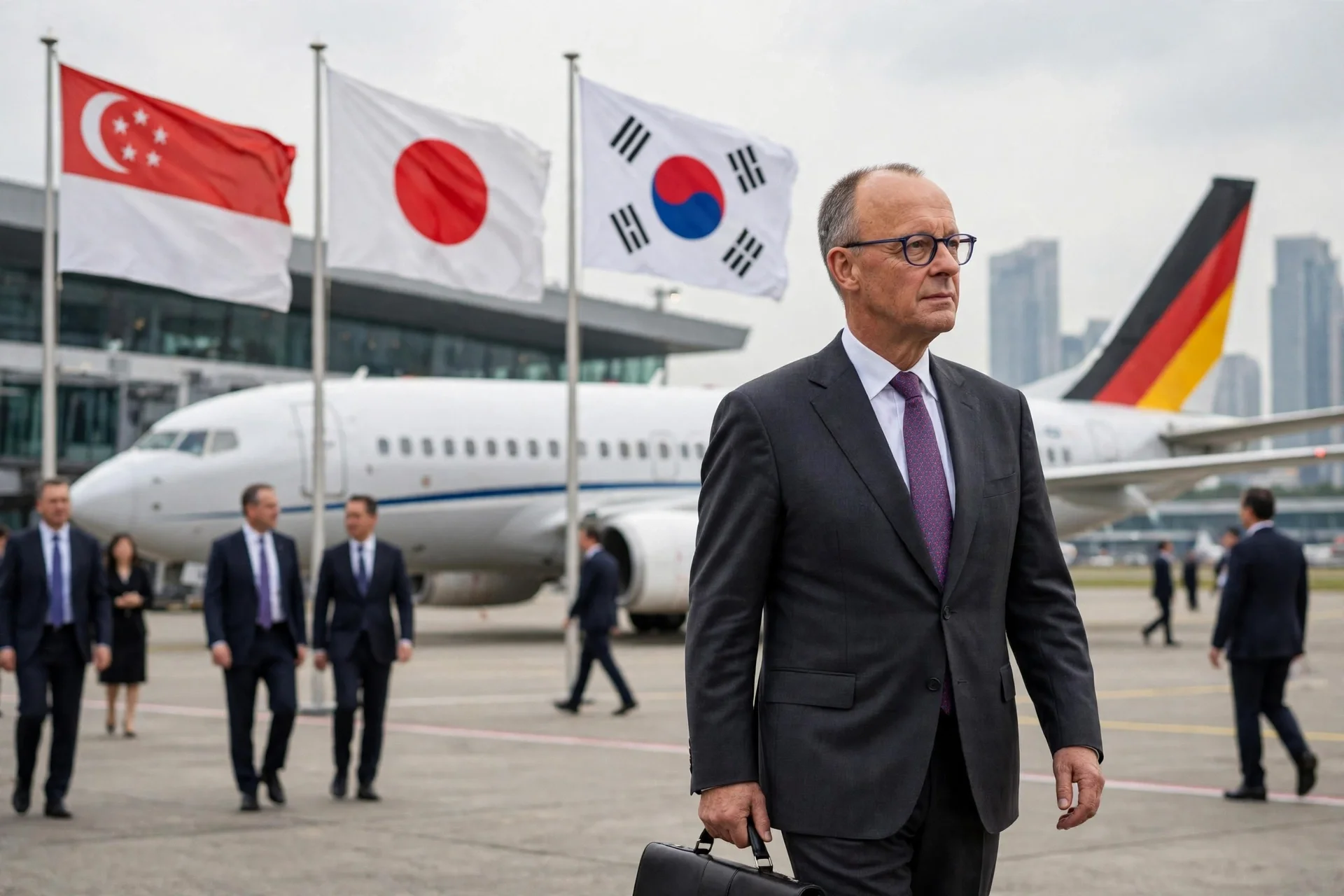 Ilustración editorial del canciller alemán Friedrich Merz en gira diplomática por Asia, con banderas de Singapur, Japón y Corea del Sur