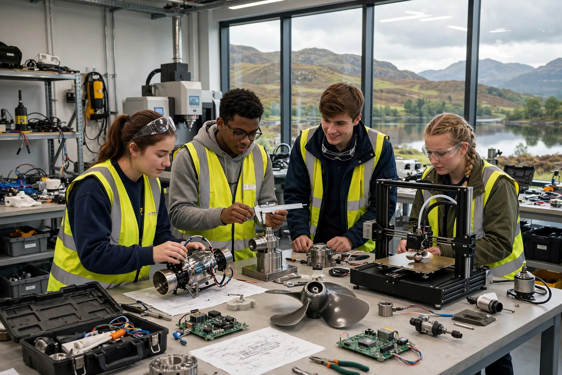 Jóvenes estudiantes con chaleco reflectante trabajan con equipos de ingeniería y una hélice marítima en un taller técnico con vistas a las colinas de Escocia