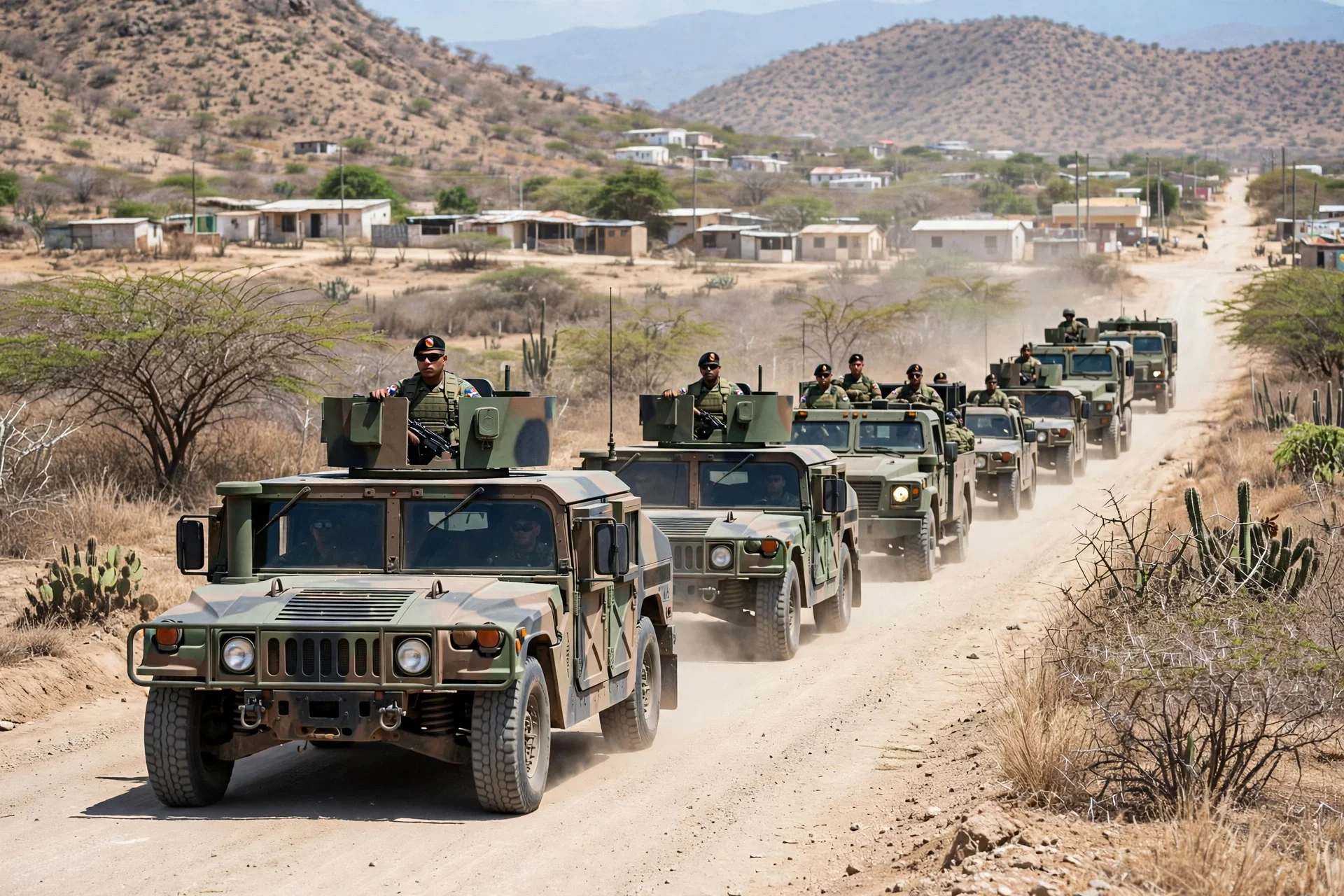Convoy militar en una carretera seca y polvorienta cerca de un pueblo fronterizo, con colinas áridas al fondo