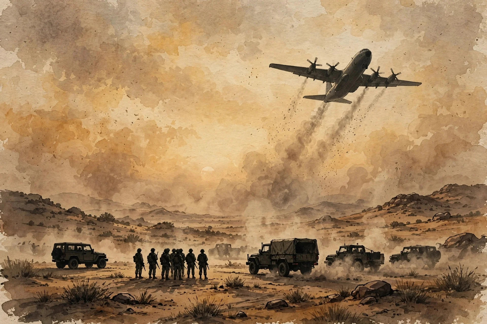 Ilustración editorial en acuarela: un avión de transporte militar despegando al amanecer sobre un paisaje desértico ocre, con siluetas de soldados y vehículos en primer plano.